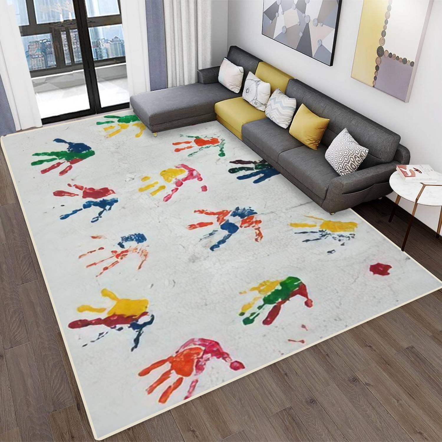Non-Slip Modern Abstract Area Rugs for Living Room & Bedroom - Multiple Colored Hand Prints on White - Stain Resistant Indoor/Outdoor Carpet Mat - Perfect for Home Decor, Dorm, and Office Spaces