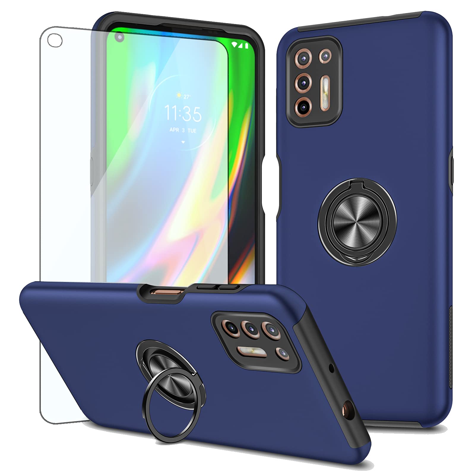 ASUWISH Magnetic Ring Holder Case with Tempered Glass Screen Protector for Moto G9 Plus - Slim Protective Cover Compatible with Motorola Moto G9/G9+/9G (Blue) | Perfect for Work, Travel & Everyday Use