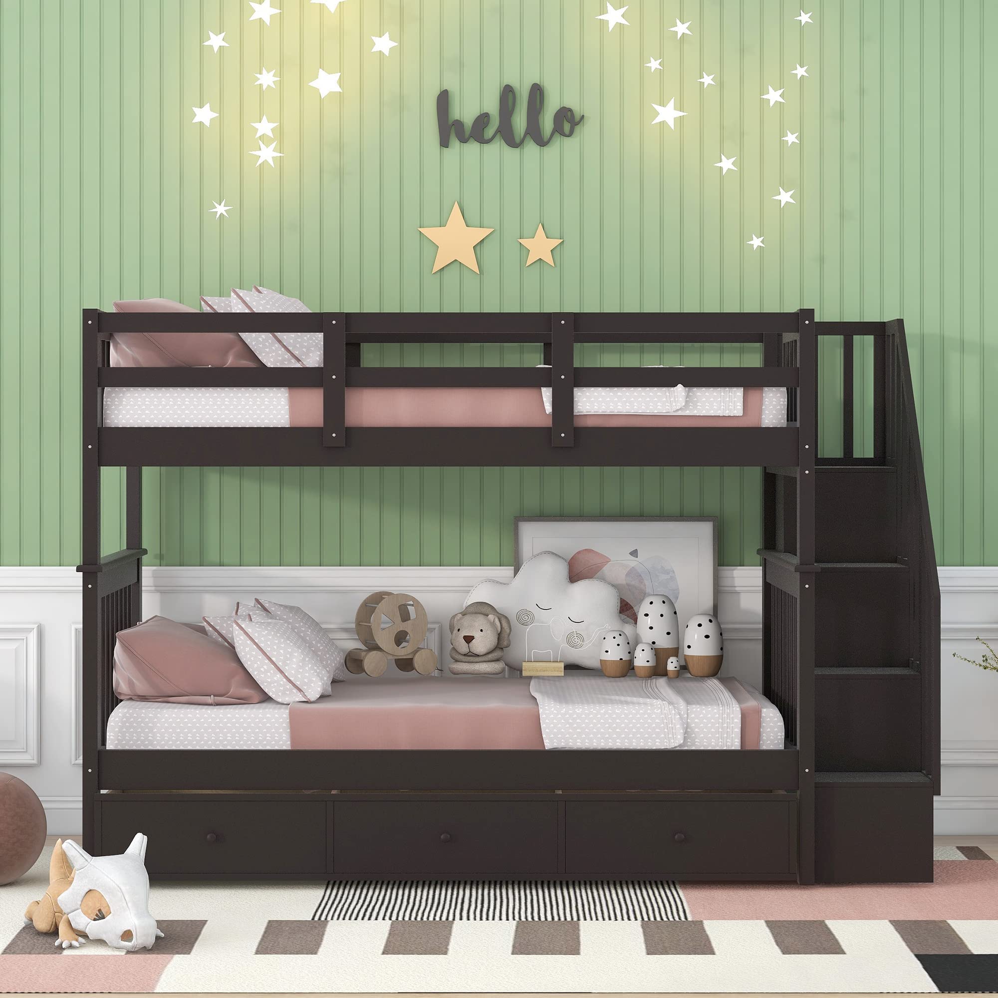Full Over Full Bunk Bed with Stairs & Storage - Wood Frame for Kids/Adults - Space Saving Bedroom Solution