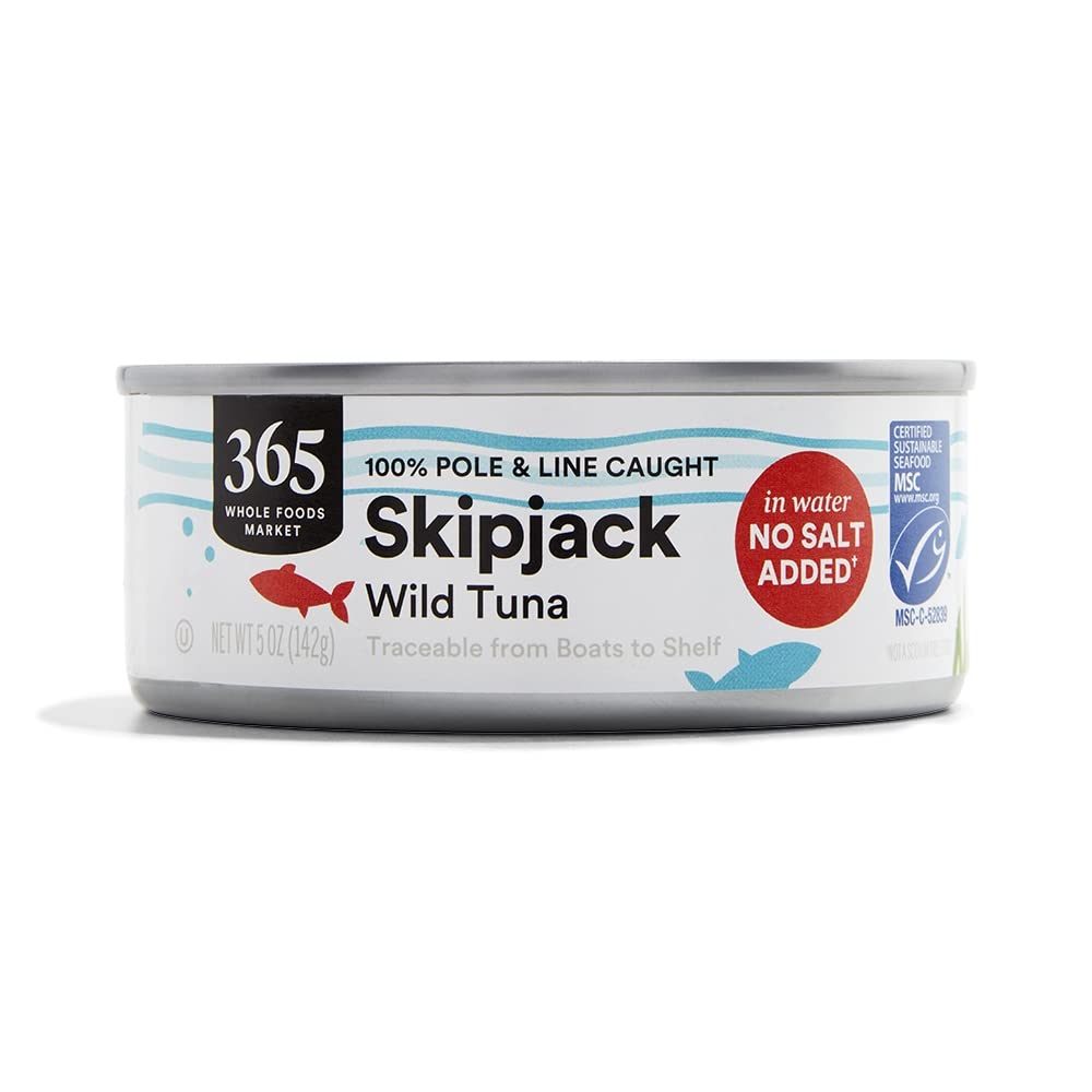 365 by Whole Foods Market, Unsalted Skipjack Tuna in Water, 5 Ounce Can - Wild Caught, High Protein, Keto & Paleo Friendly - Perfect for Salads, Sandwiches and Meal Prep