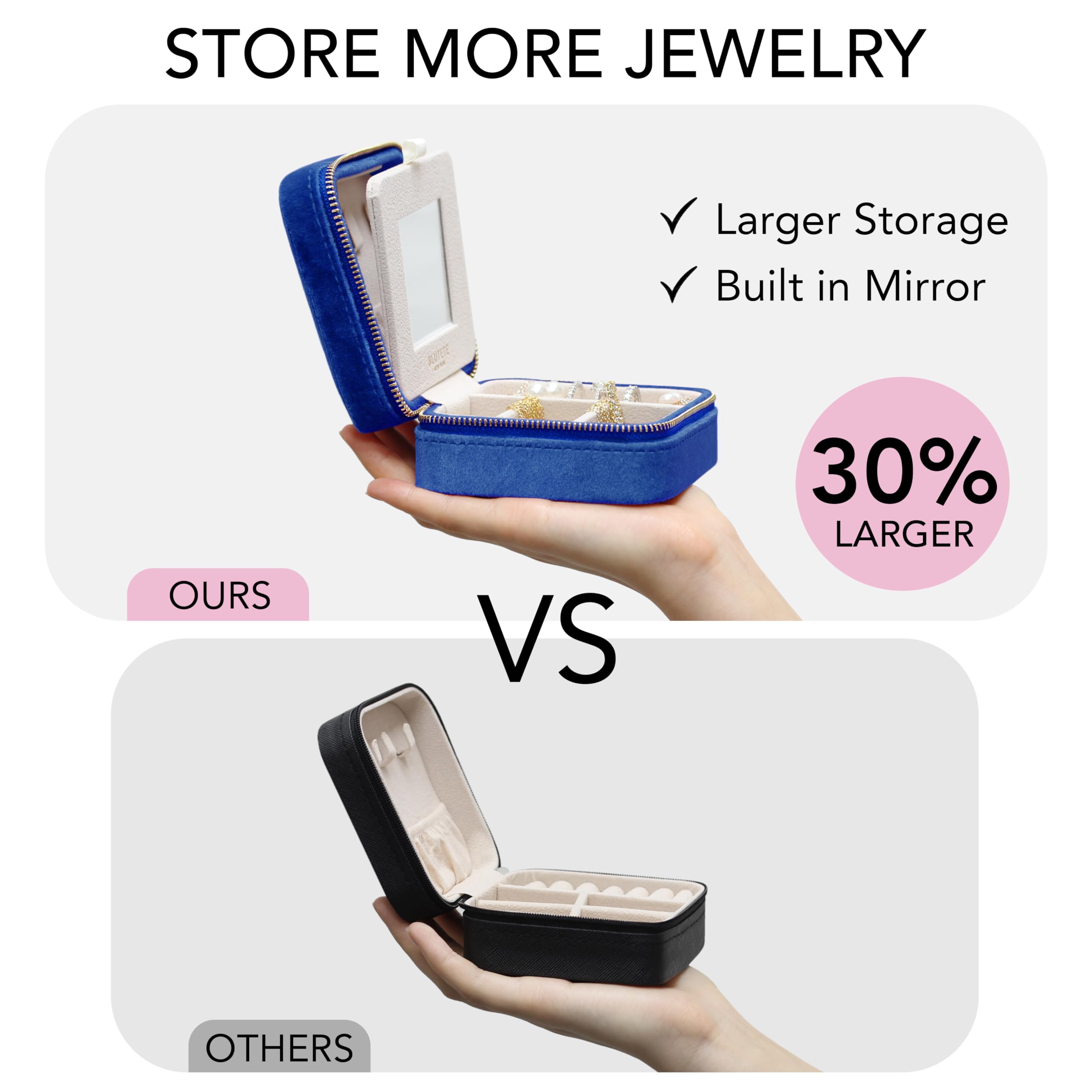 BLU TETE Velvet Travel Jewelry Organizer Box with Mirror - Portable Jewelry Case for Rings, Earrings & Necklaces - Compact Storage for Travel, Home & Gifts (Midnight Blue)