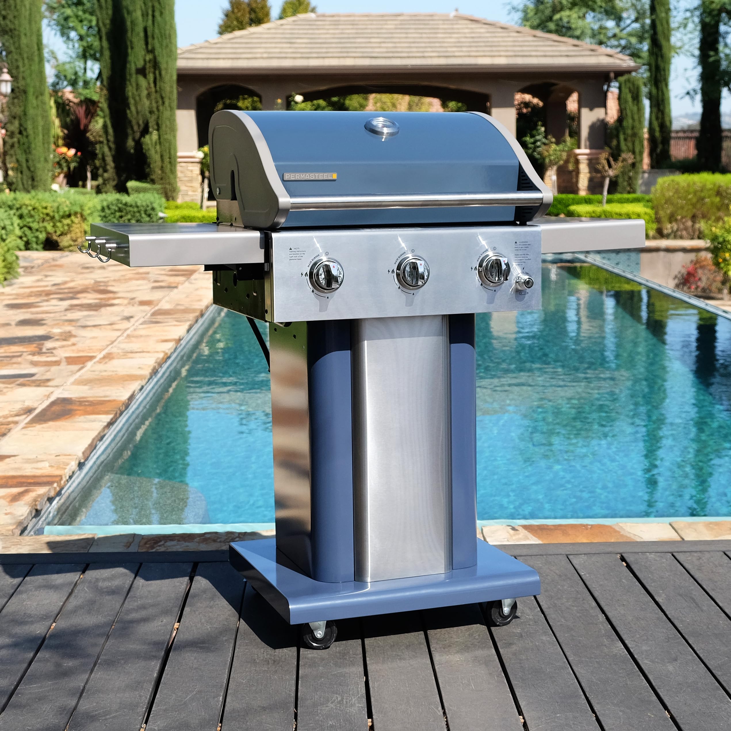Premium Permasteel 3-Burner Propane Gas Grill - 30,000 BTU Outdoor BBQ Grill with Cast Iron Grates, Foldable Side Tables & Tool Hooks - Perfect for Backyard, Patio, and Camping - Azure Blue