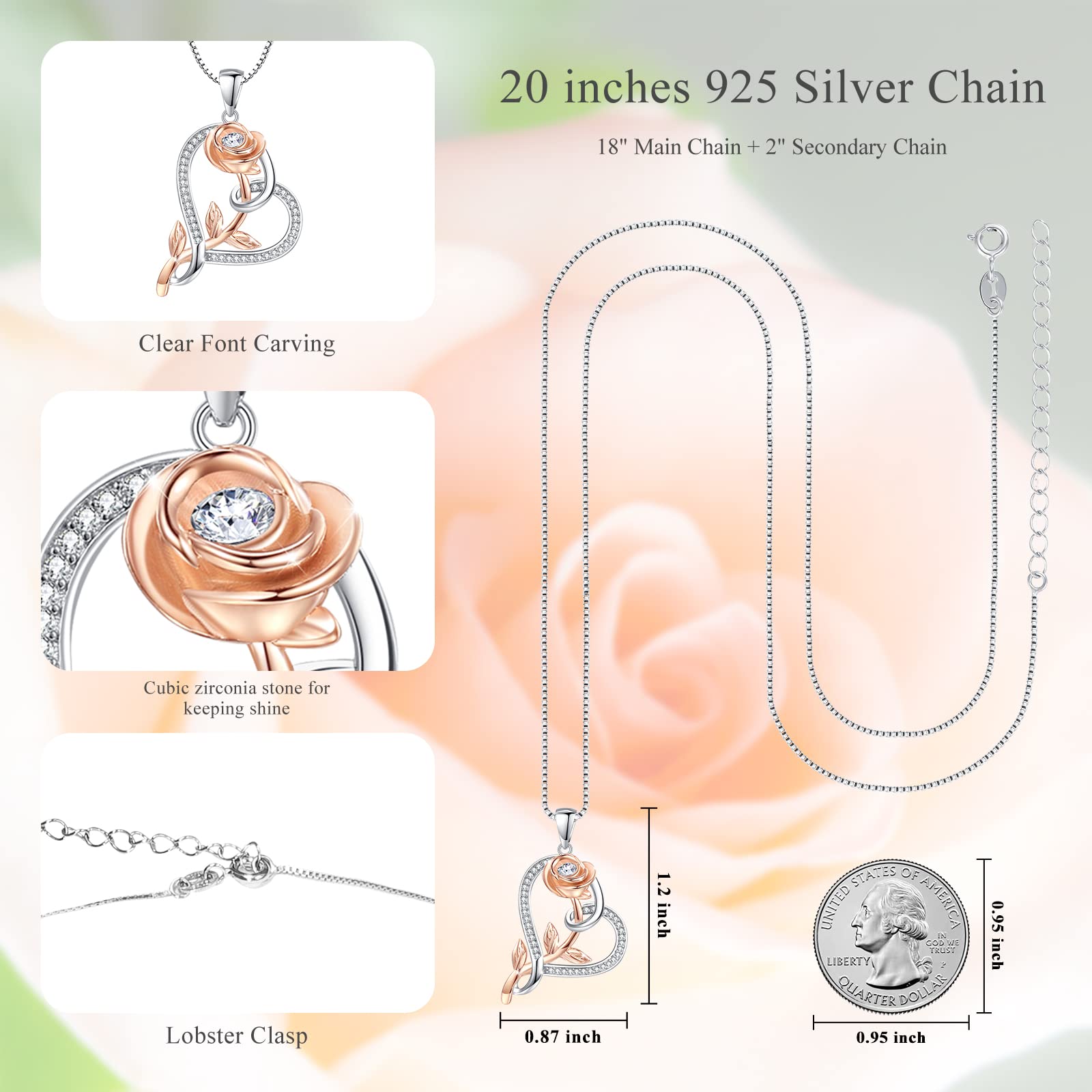 925 Sterling Silver Rose Flower Necklace for Women - Elegant Heart Pendant Jewelry Gift for Wife, Mom, Girlfriend, Grandma - Perfect for Birthday, Mother's Day, Anniversary & Valentine's Day Gifts