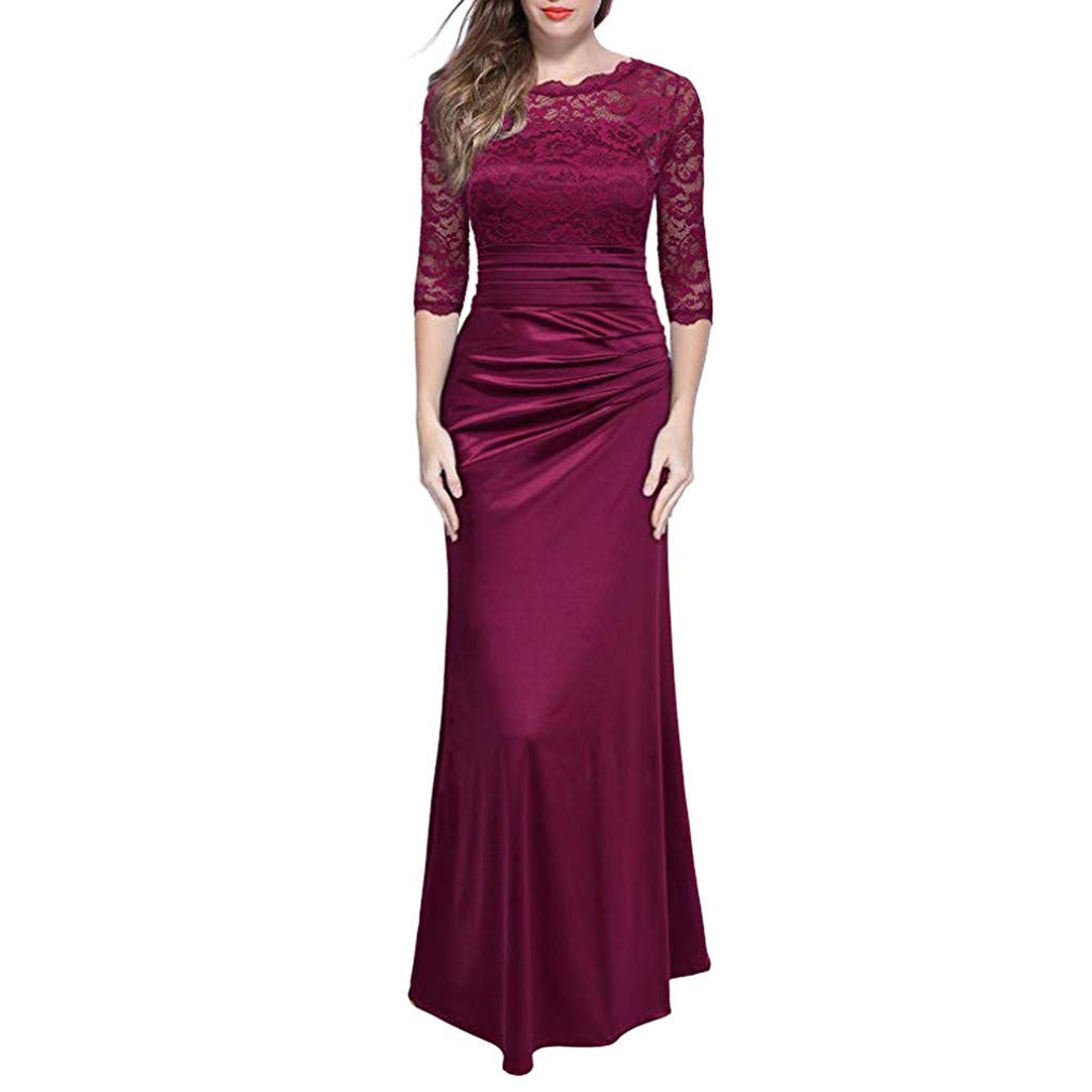 FORUU Women's Retro Floral Lace Vintage Wedding Maxi Dress - Elegant 2/3 Sleeve Formal Gown for Bridal, Prom & Special Occasions