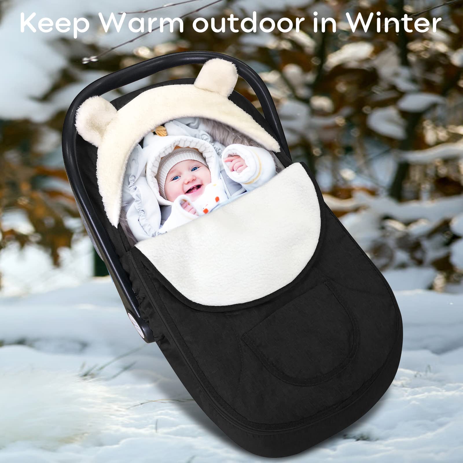 Longdafei Baby Car Seat Cover - Soft & Warm Winter Infant Car Seat Protector for Strollers - Cozy Black Car Seat Cover for Girls & Boys - Perfect for Cold Weather & Outdoor Adventures