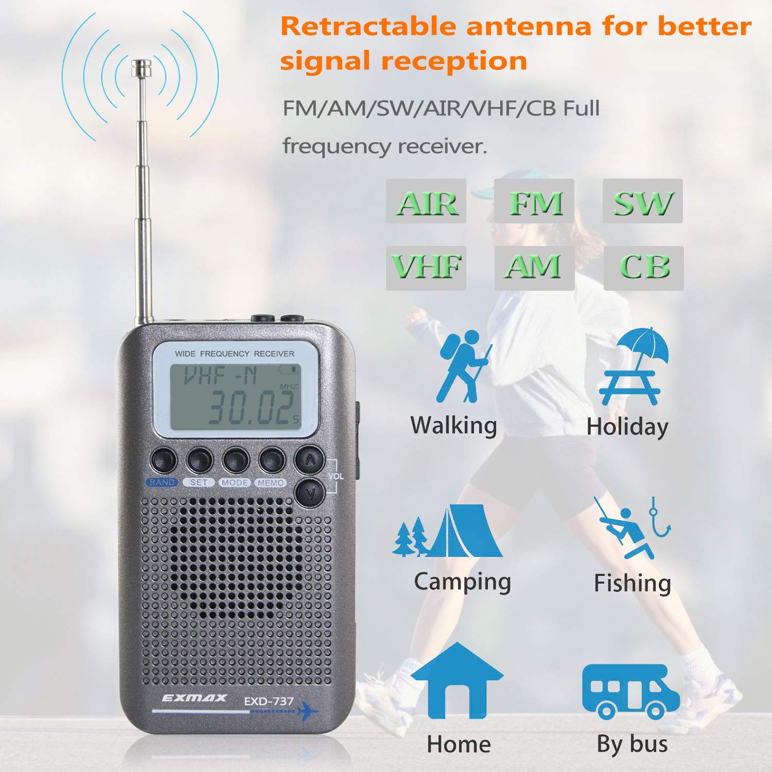 EXMAX EXD-737 Aviation Radio Receiver - FM/AM/SW/NOAA Weather & VHF Airband Portable Handheld Digital Radio with Alarm & Speaker | Perfect for Travel, Emergency Preparedness & Aviation Enthusiasts (Gray)
