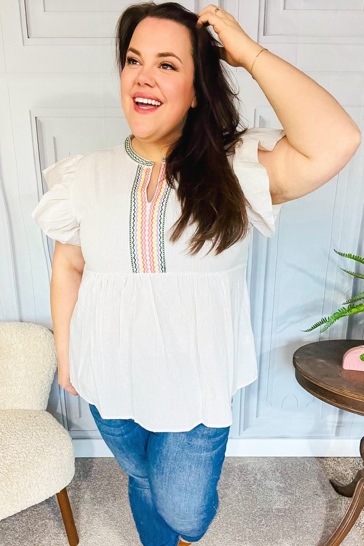Haptics Weekend Ready Taupe Embroidered Notched Neck Babydoll Top - Women's Casual Boho Blouse for Brunch, Date Night & Summer Outings
