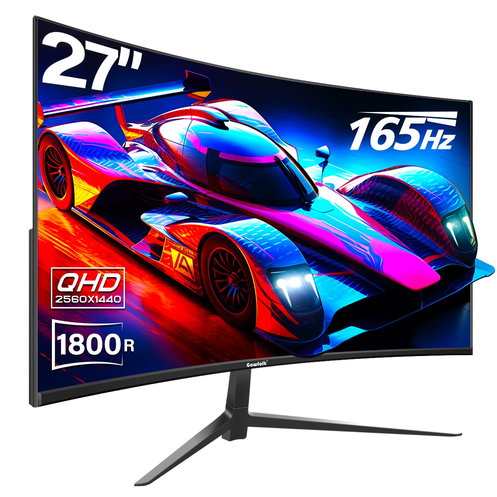 Gawfolk 27 Inch Curved Gaming Monitor QHD 165Hz, 2560x1440P Widescreen PC Monitor, 1800R Frameless Design with VESA, DP & HDMI - Perfect for Esports, Streaming & Home Office Setup