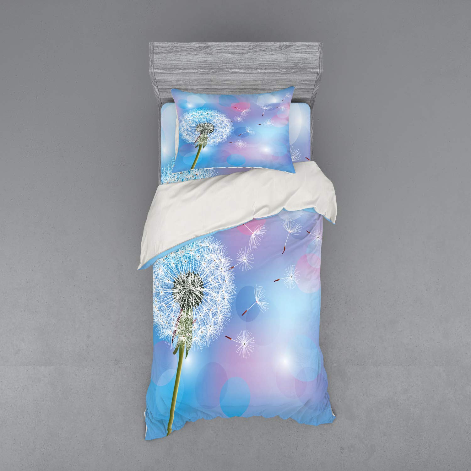 Ambesonne 3-Piece Duvet Cover Set - Twin XL Size, Bokeh Effect Dandelion Floral Design with Wind-Blown Gardening Plants in Sky Blue, Pale Pink & Green | Soft Bedding Set with Sham & Fitted Sheet | Perfect for Spring Bedroom Decor, Guest Room Makeover & Cozy Cottage Style