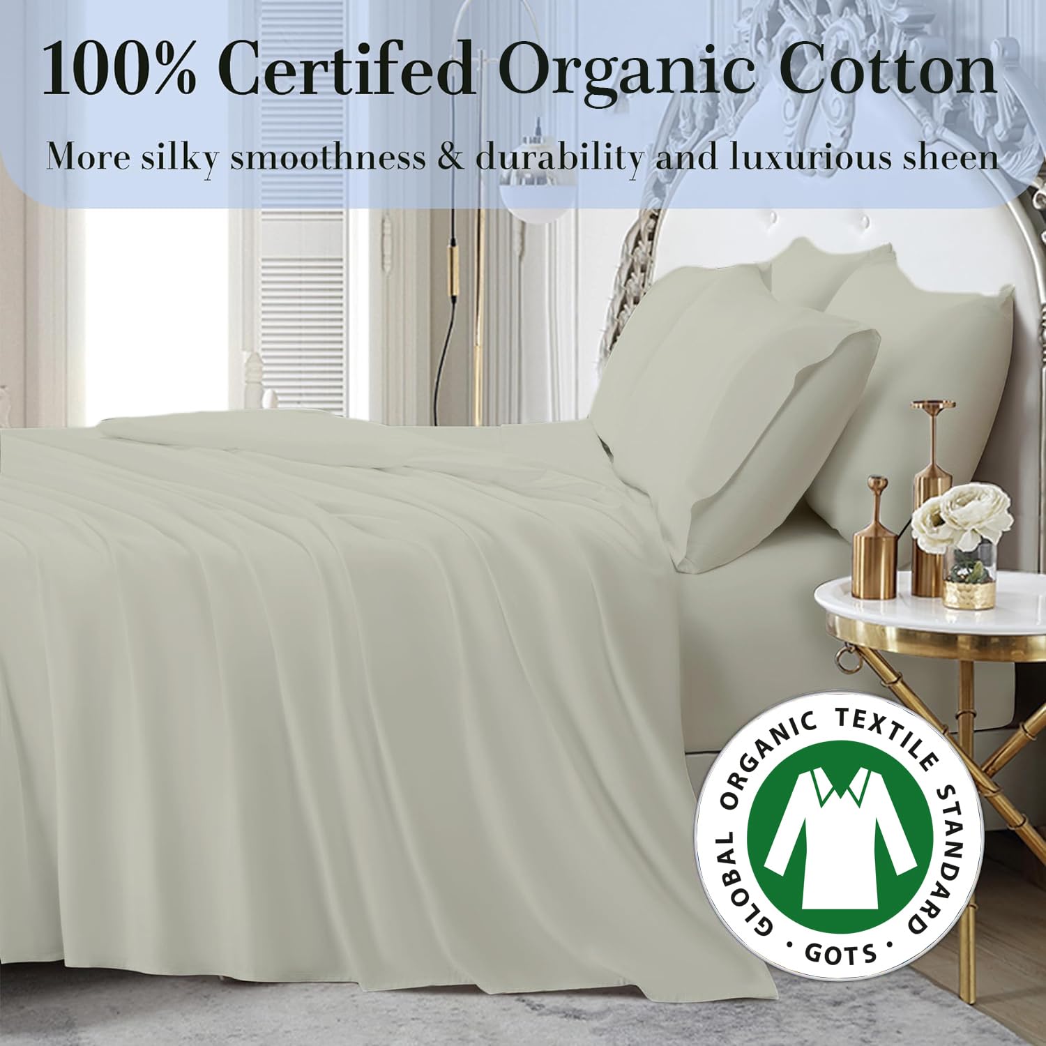 Luxury 4-Piece California King Size Sheet Set - 100% Organic Cotton, 800 Thread Count, Ultra Soft & Breathable, Deep Pocket Fits 8-12