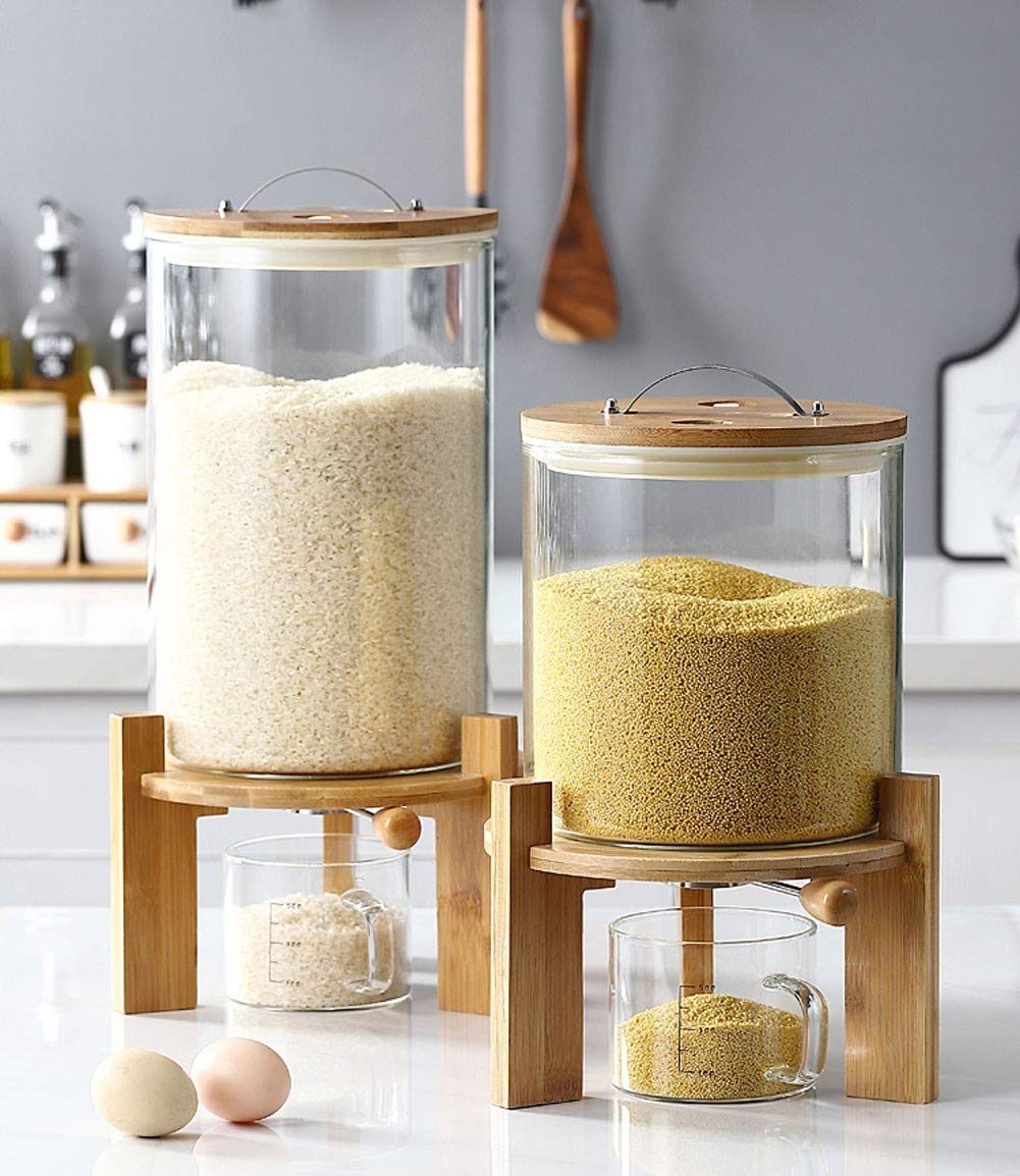8L Glass Flour and Cereal Storage Container with Airtight Lid & Wooden Stand - Rice Dispenser for Kitchen Organization & Pantry Storage - Perfect for Baking, Cooking, and Bulk Food Storage
