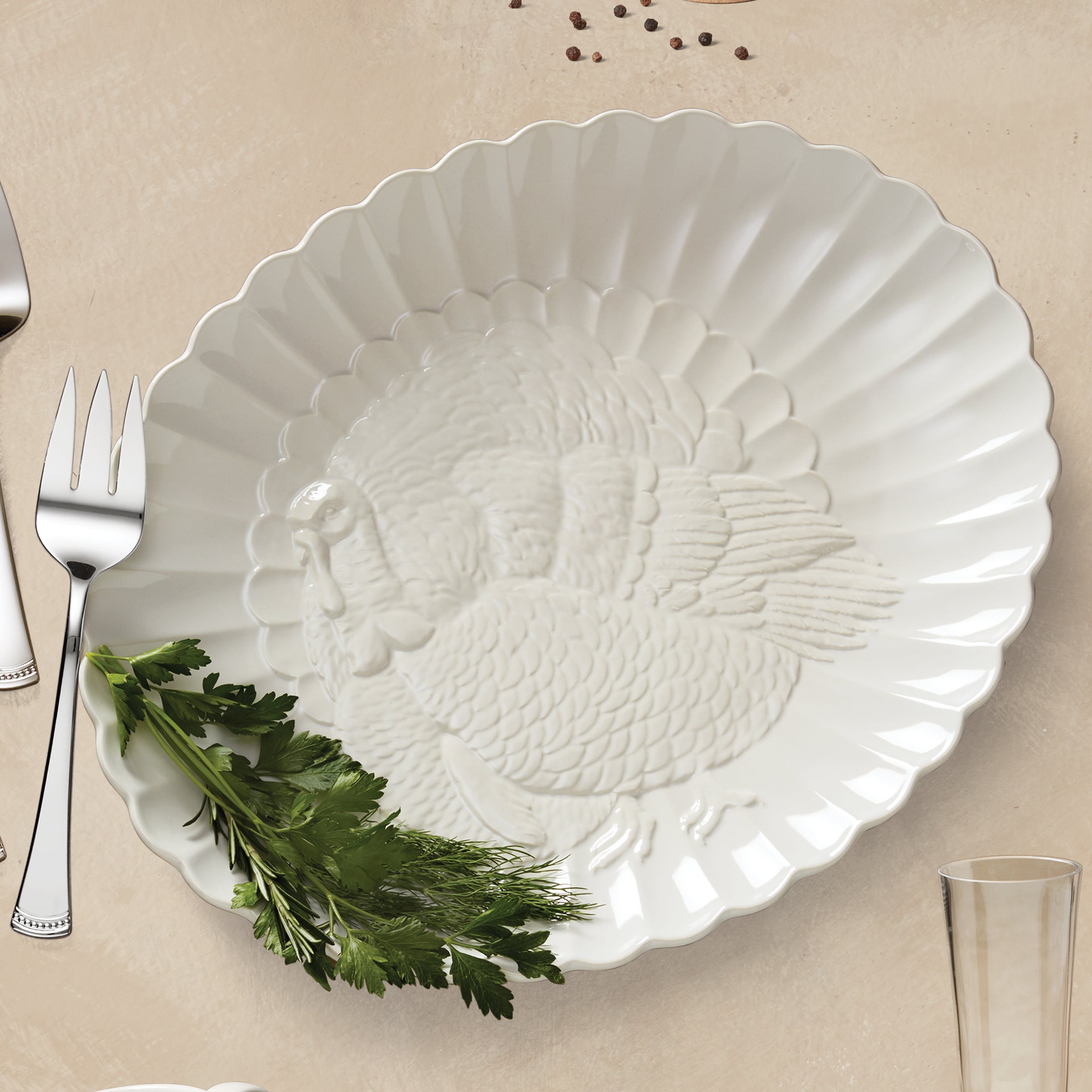 French Perle Carved Turkey Serving Platter - Elegant Porcelain Dinnerware for Holiday Feasts & Special Occasions