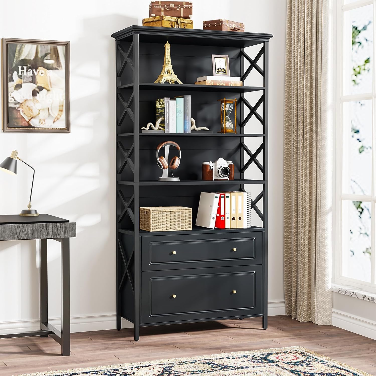 5 Tier Industrial Bookshelf with 2 Drawers - Sturdy Metal Bookcase for Home Office, Living Room & Bedroom Storage - Perfect for Organizing Books, Decor & Office Supplies