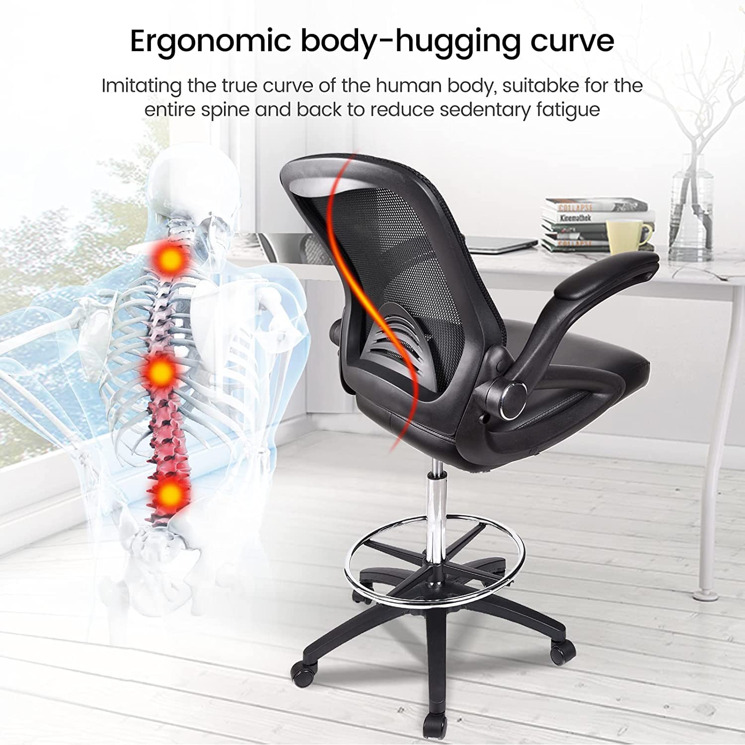 ARTETHYS Drafting Chair with Flip-Up Armrests - Adjustable Height Office Chair for Standing Desks, Rotating PU Leather Seat (Black) - Perfect for Architects, Artists & Home Office Workspaces