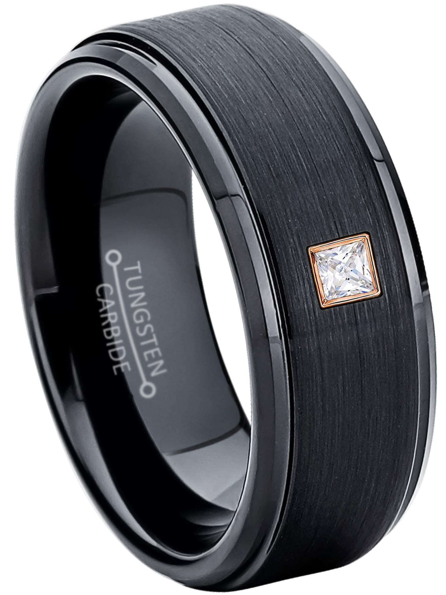 0.05ctw Princess Cut Solitaire Diamond Black Tungsten Carbide Wedding Band Ring - 8mm Brushed Stepped Edge Men's Women's April Birthstone Jewelry - Perfect for Engagement, Anniversary & Everyday Wear
