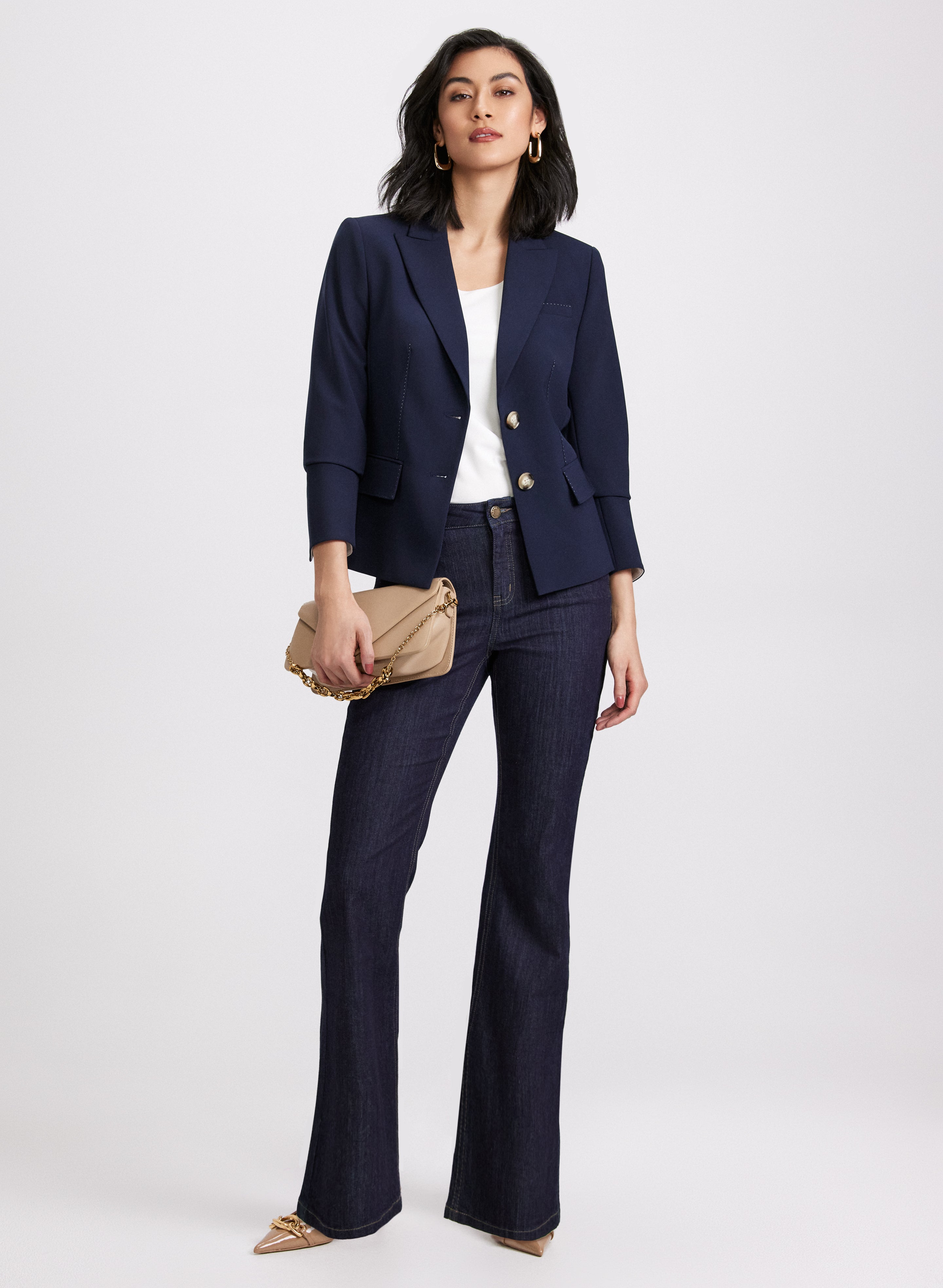 Stylish Women's Seam Jacket & Flared Jeans Set - Trendy Casual Outfit for Fall Fashion, Date Night & Street Style