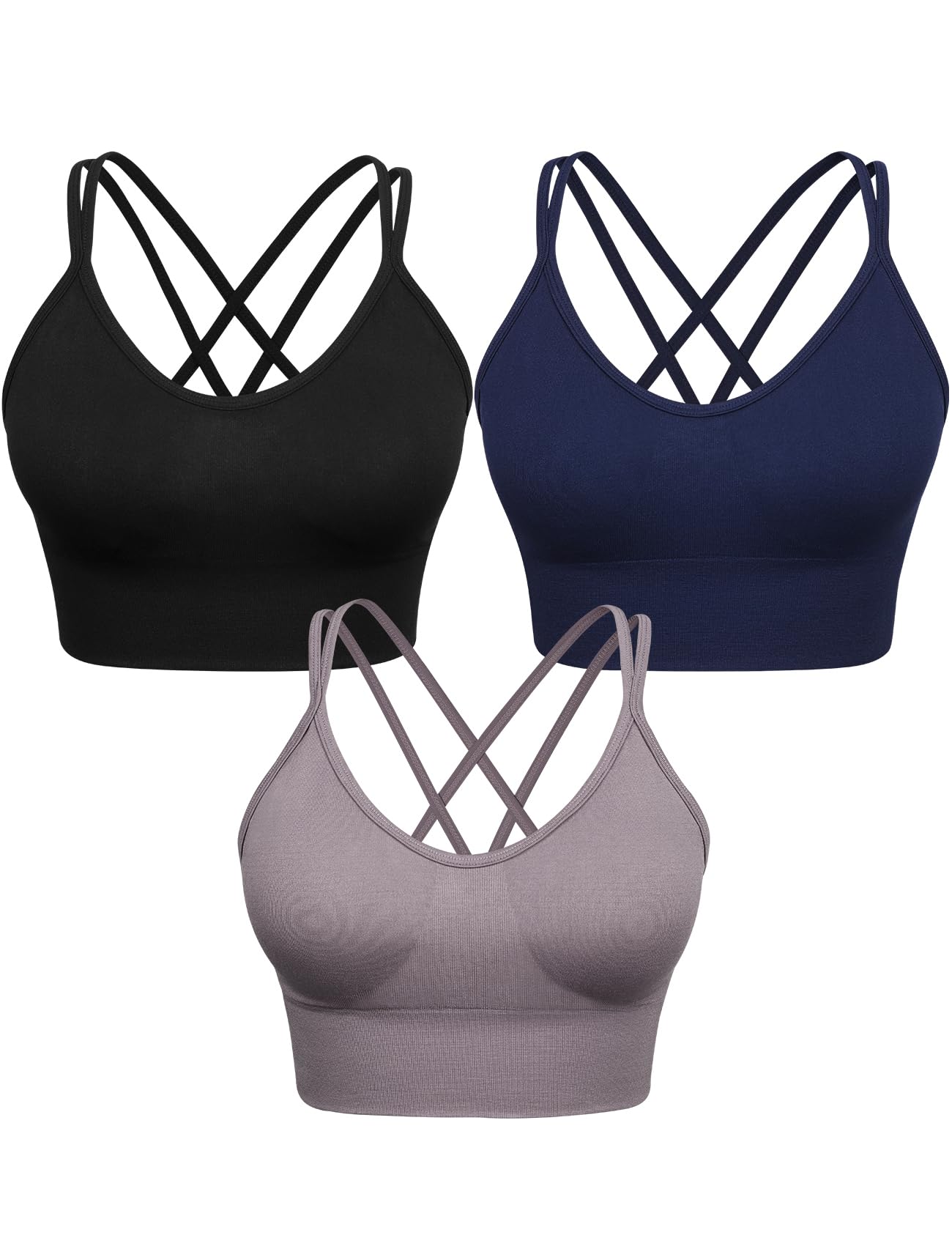 VEQKING Women's Cross Back Sports Bra - Medium Support Seamless Yoga Bra with Removable Pads, 3 Pack for Workout, Fitness & Everyday Wear