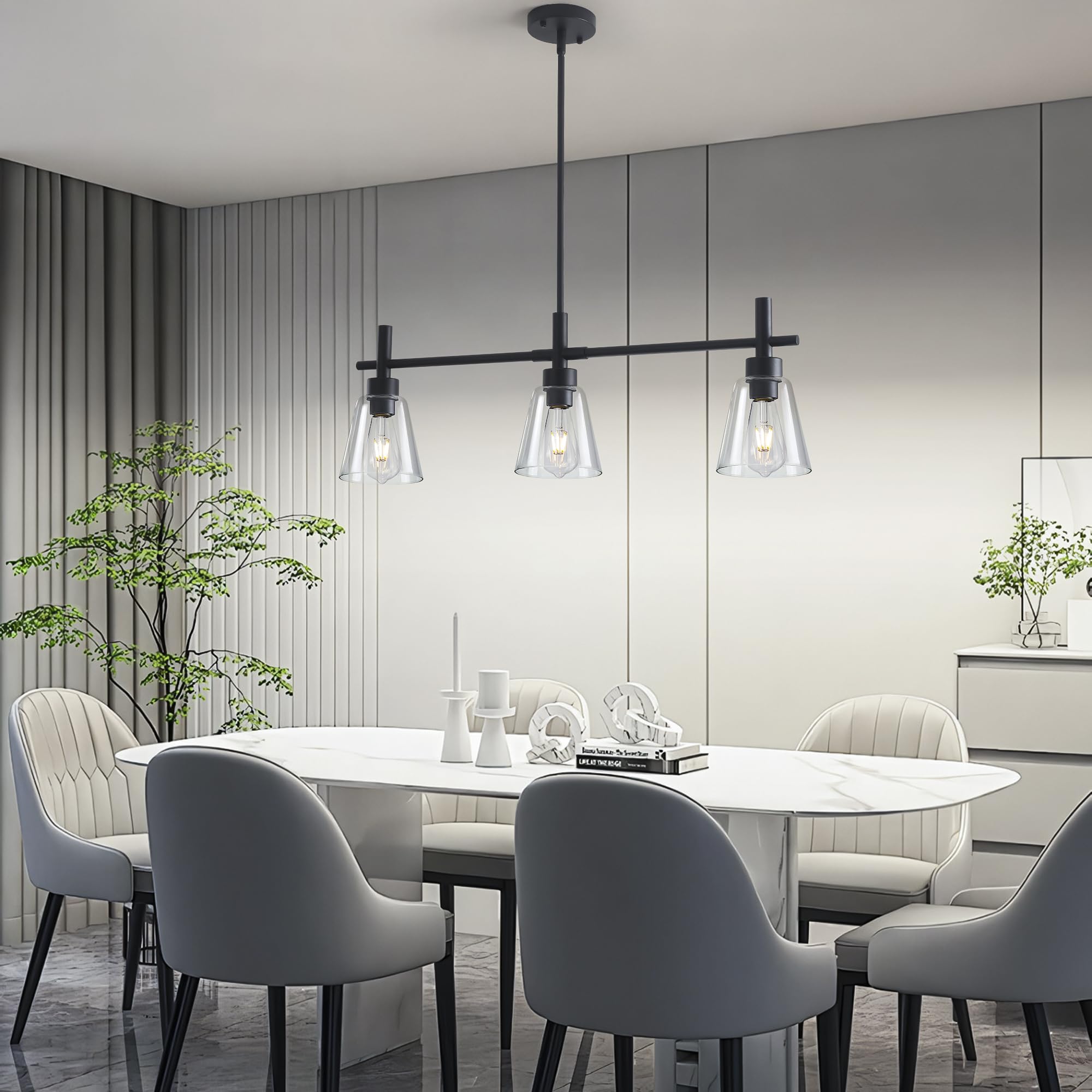 Modern Black Kitchen Island Lighting - 3-Light Adjustable Rectangle Linear Chandelier with Glass Shades, Farmhouse Pendant Light Fixture for Dining Room & Living Room - Perfect for Kitchen Counter, Breakfast Bar and Open Concept Spaces