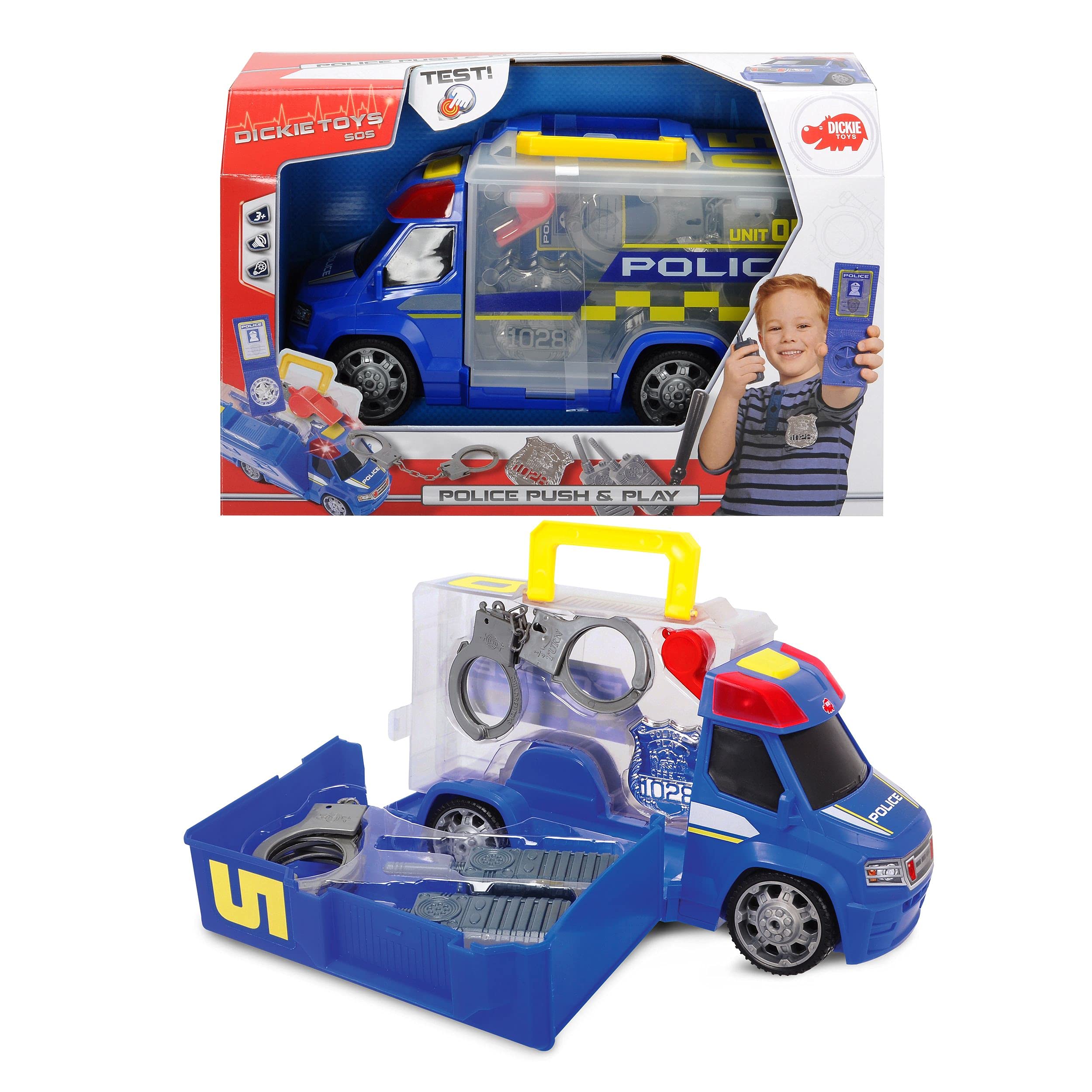 DICKIE TOYS Push and Play SOS Rescue Police Patrol Car - Interactive Toy Vehicle with Lights & Sounds for Kids - Perfect for Pretend Play & Emergency Rescue Role Play Scenarios
