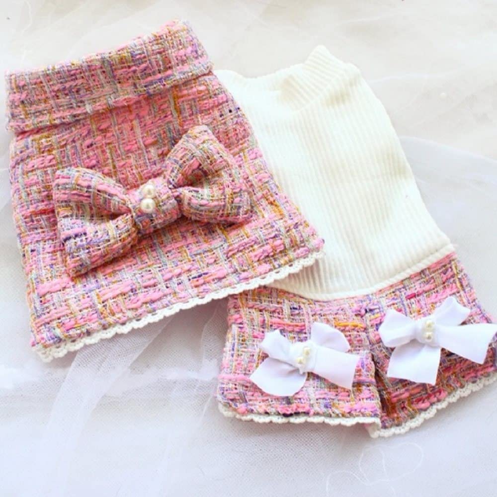 Luxury Dog Clothes - Pink Tweed Pet Dress Coat & Vest Knit Outfit Set for Small Dogs, Winter Warm Thickened Puppy Clothing, Lady Holiday Fashion (Perfect for Christmas Photos, Parties & Special Occasions)