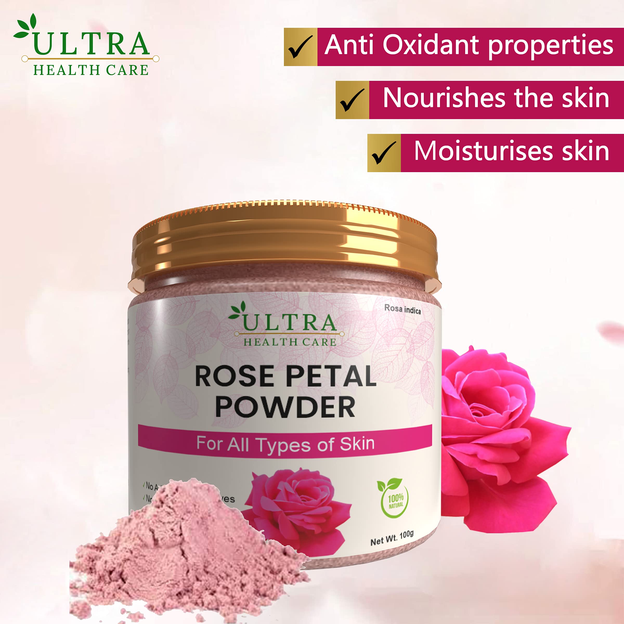 Ultra Health Care Rose Petal Gulab Pankhudi Powder for Skin Care & Brightening - 100gm (Pack of 1) | Natural Face Mask for Glowing Skin, DIY Beauty Treatment at Home