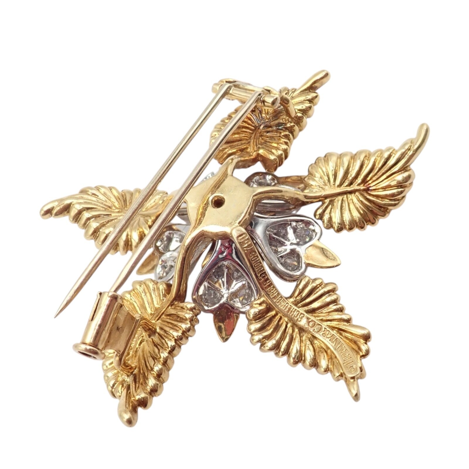 Tiffany & Co Schlumberger 18k Yellow Gold Platinum Diamond 5 Leaf Pin Brooch - Elegant Jewelry for Women, Luxury Gift for Anniversary & Special Occasions