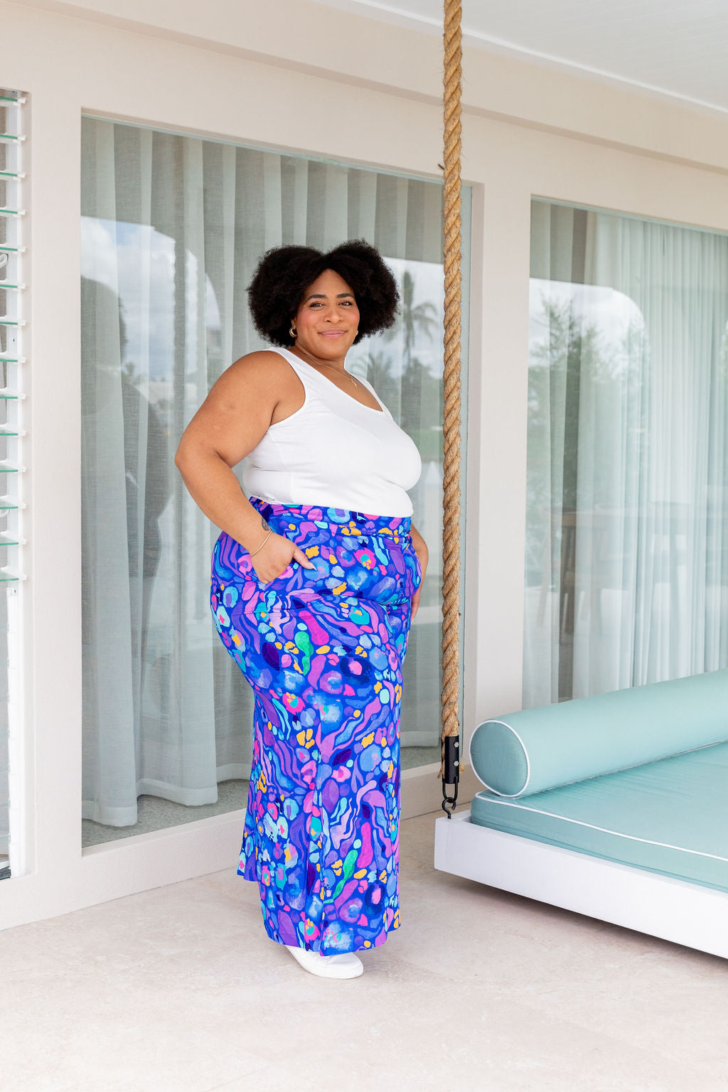 Kasey Rainbow Larsa Pants - Women's High Waisted Flowy Beach Pants in Reef Blue | Perfect for Summer Vacations, Beach Outings & Boho Fashion