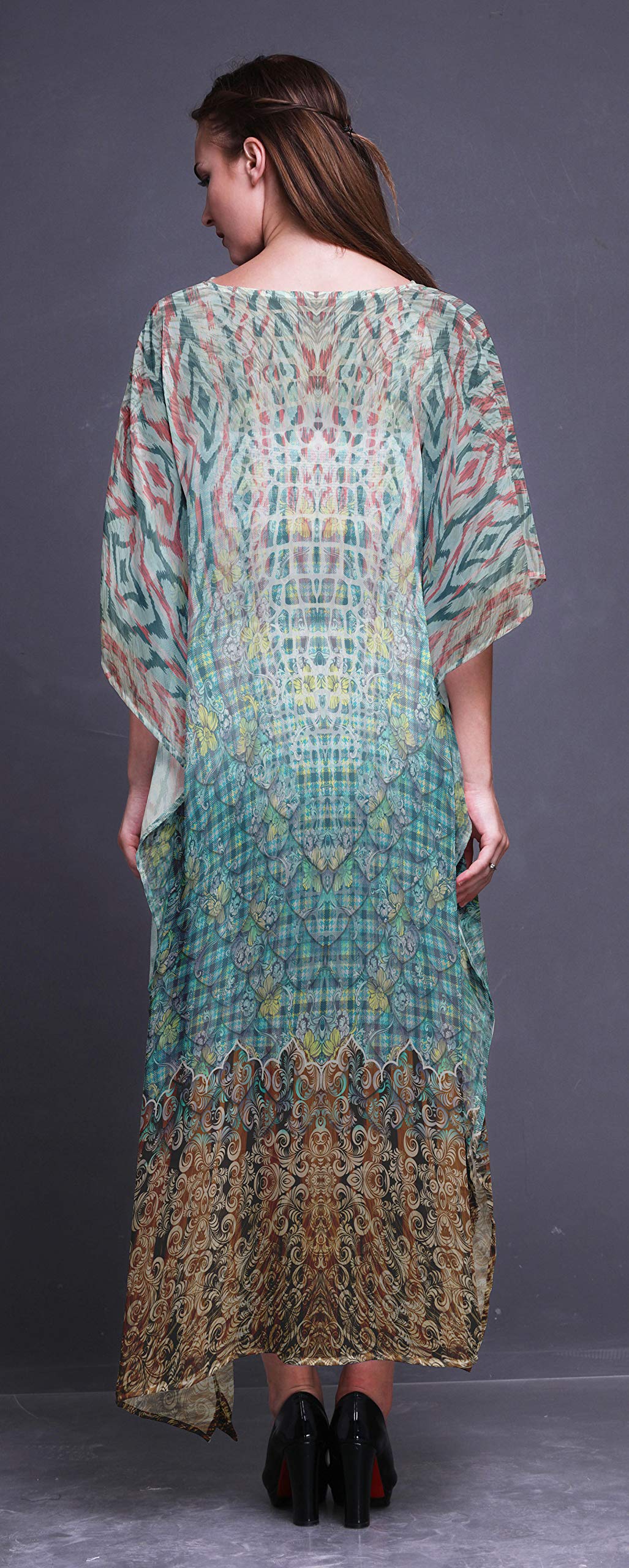 Floral & Damask Ethnic Beach Kaftan - Women's Maxi Dress Long Bikini Cover Up for Summer Vacation, Pool Party & Boho Fashion