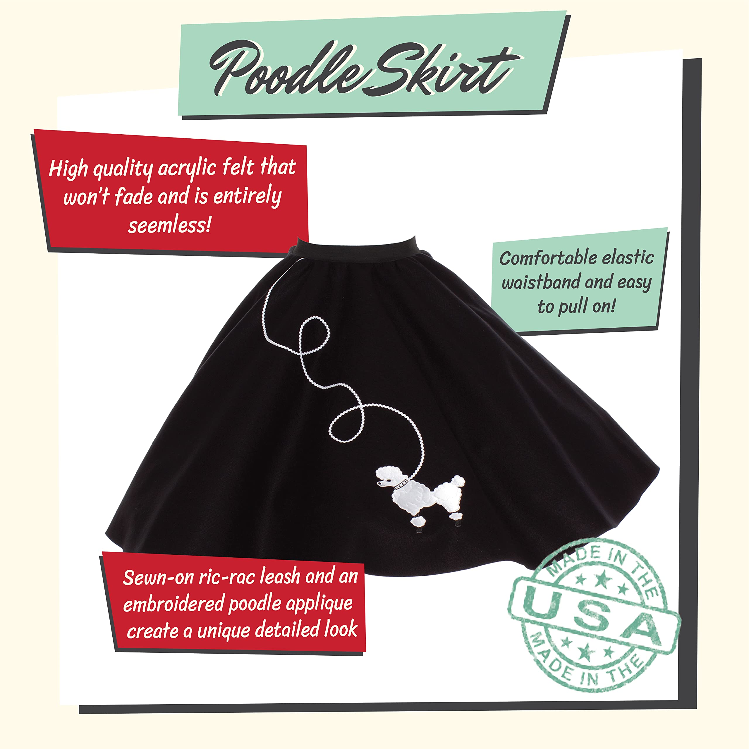 Vintage 1950s Poodle Skirt Costume Set for Women - 7 Piece Outfit with Petticoat, Polo Shirt & Retro Accessories | 50s Sock Hop, Halloween Party & Themed Dance Costume