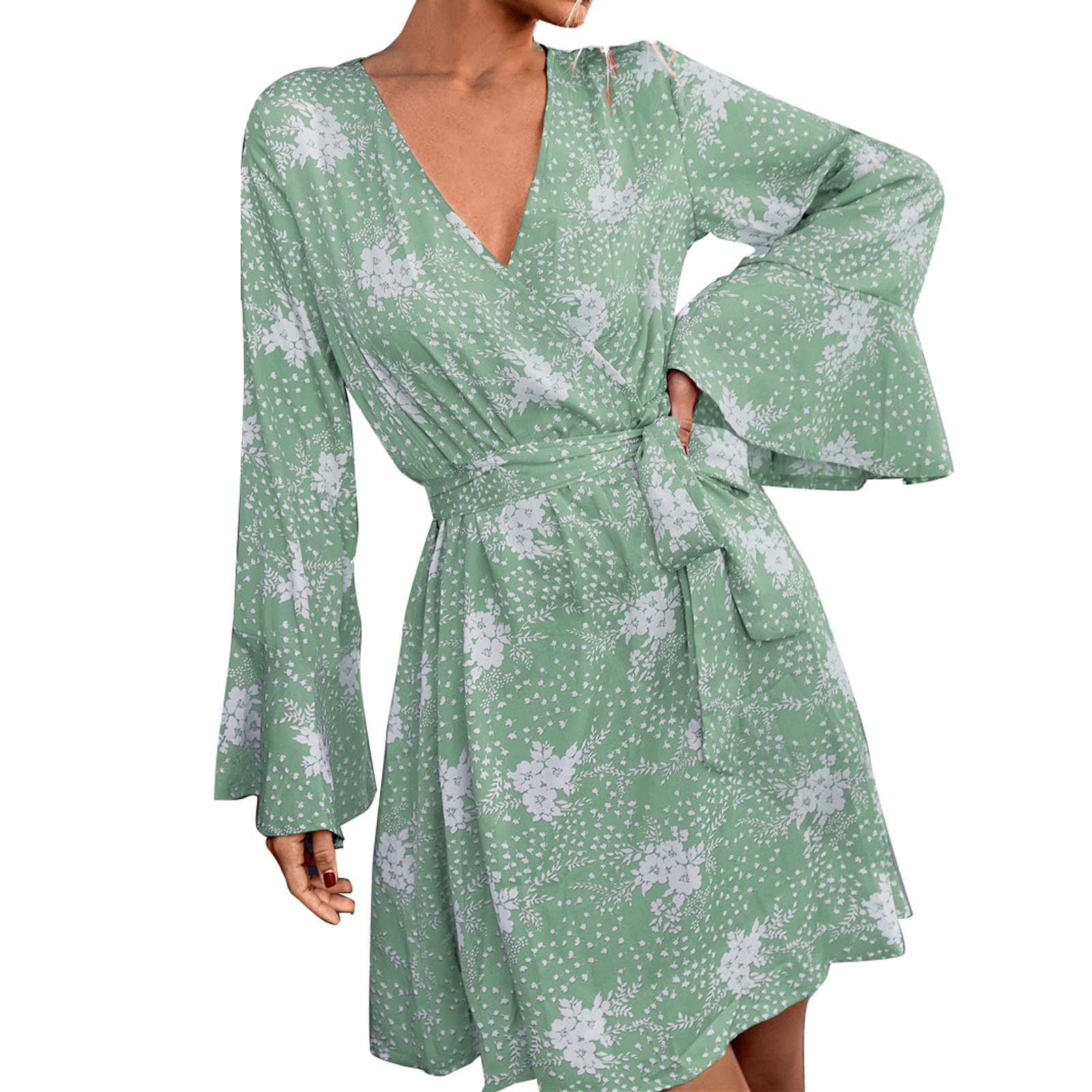 Elegant Floral Print Tie Waist Mini Dress for Women - Long Sleeve V-Neck Ruffle Flare Wedding Guest Dress | Perfect for Cocktail Parties, Bridal Showers & Formal Events