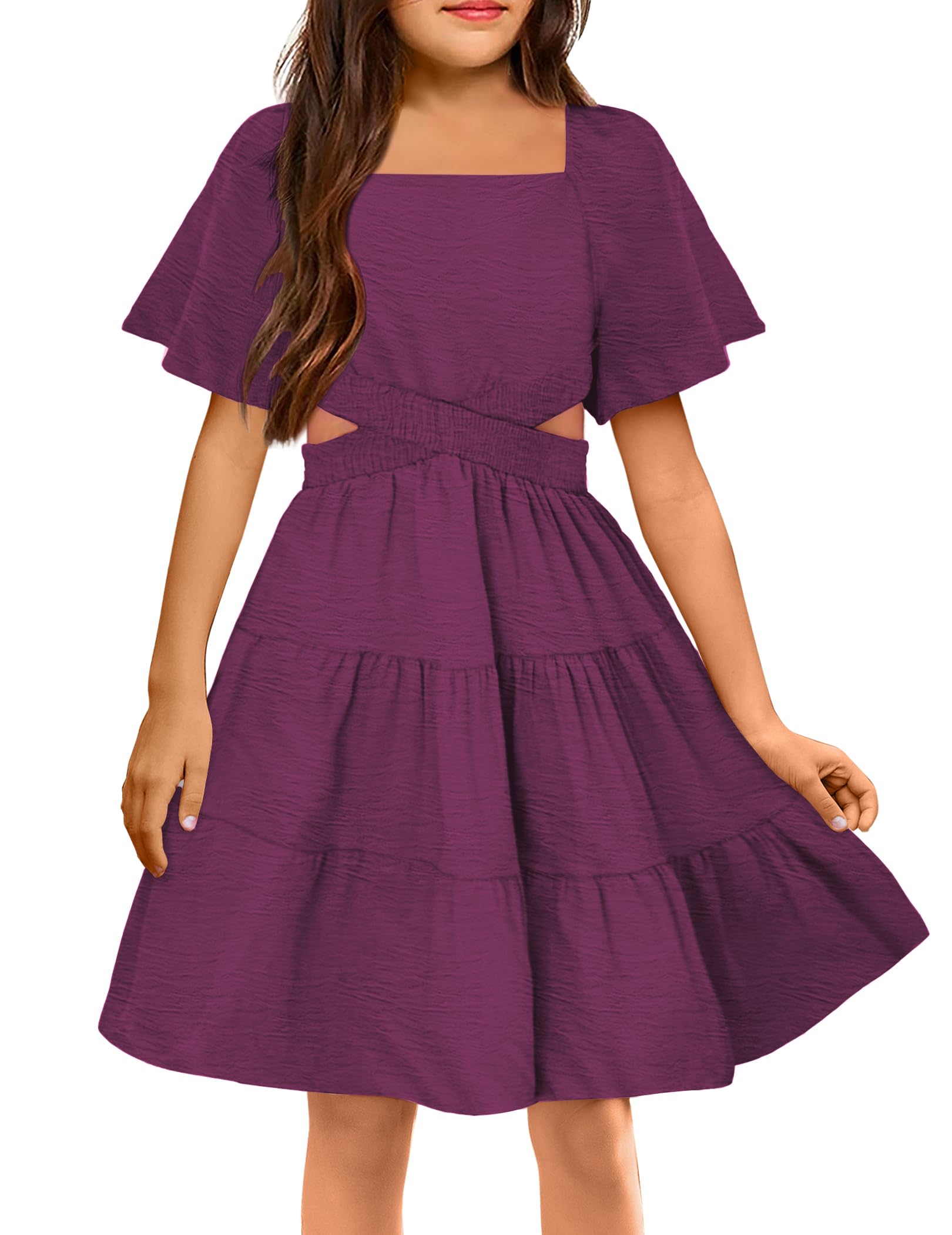 Arshiner Girls Square Neck Cut Out Shirred Party Dress - Cute Tween Summer Dress for Birthday, Photo Shoot & Special Occasions