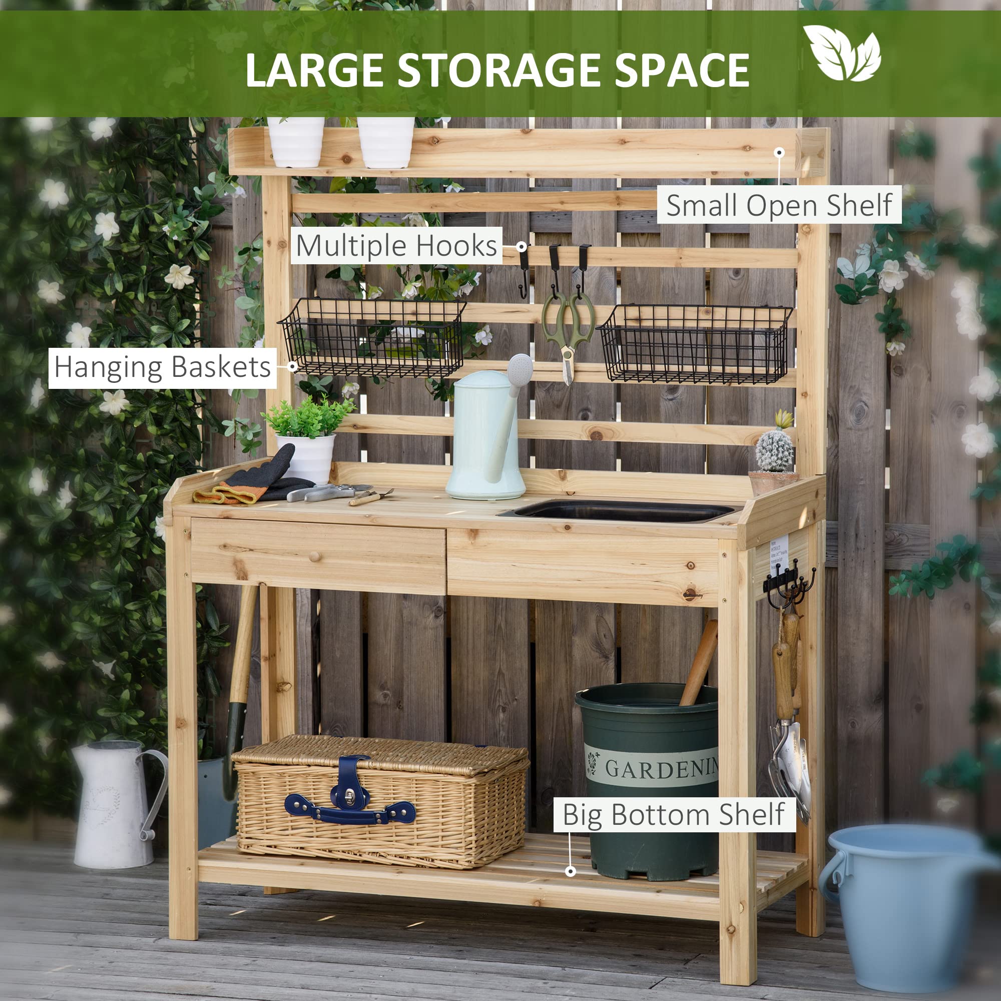 Outsunny Wooden Potting Bench with Removable Sink, Metal Sieve Screen & Storage Hooks - Heavy Duty Garden Workstation for Planting, Gardening Tools Organization - Perfect for Patio, Balcony, Courtyard & Outdoor Workspace