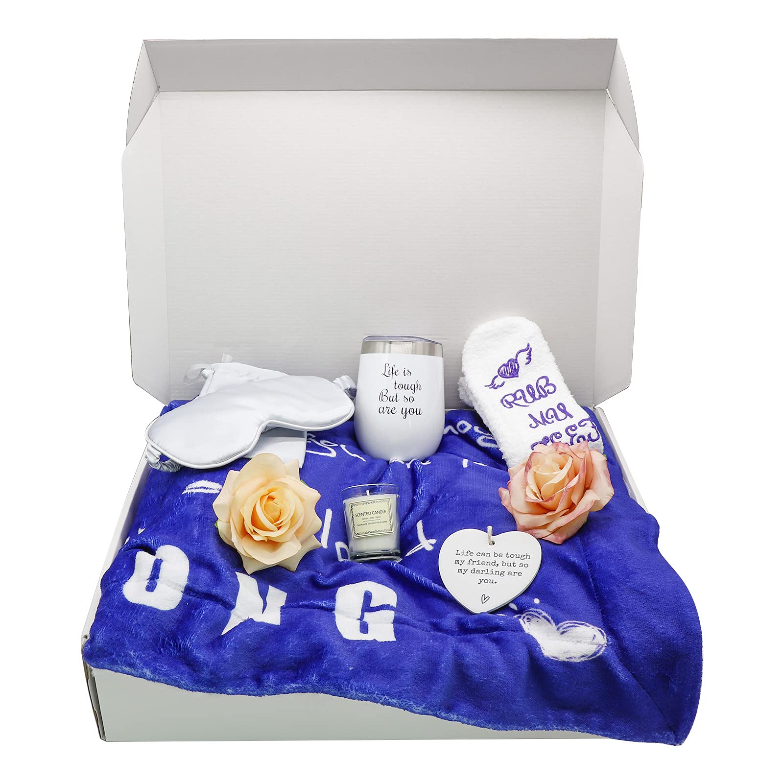 Hotme 8-Piece Care Package Gift Box - Cozy Sympathy Blanket, Socks, Tumbler, Mask, Candle, Flowers & Ornament - Thoughtful Get Well Gifts for Women & Men - Perfect for Hospital Recovery, Bereavement Comfort & Stress Relief