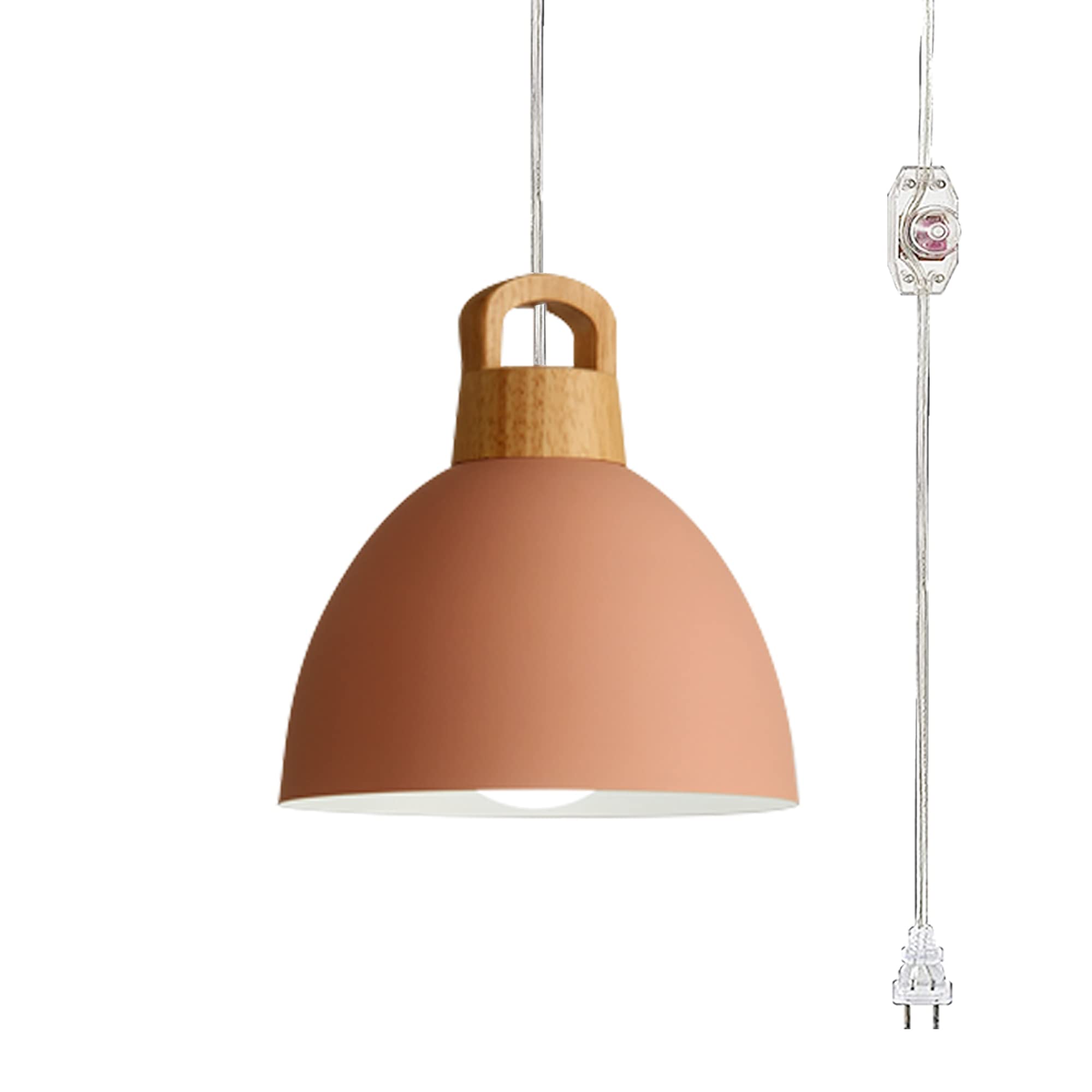 Plug-in Hanging Swag Lamp with 15ft Cord - No Wiring Needed Wooden E26 Socket Pendant Light with UL Certified On/Off Dimmer Switch - Nordic Minimalist Iron Macaron Peach Bedside Lamp for Living Room, Bedroom & Dorm Decor