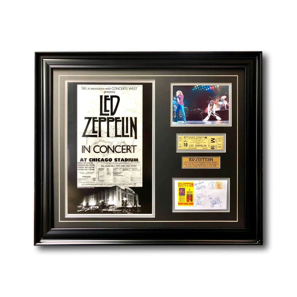 Led Zeppelin Framed Concert Memorabilia - Authentic Chicago Stadium Ticket Collage with Autographs - Perfect for Music Fans & Rock Collectors - Home Decor, Gift Idea, Man Cave Display