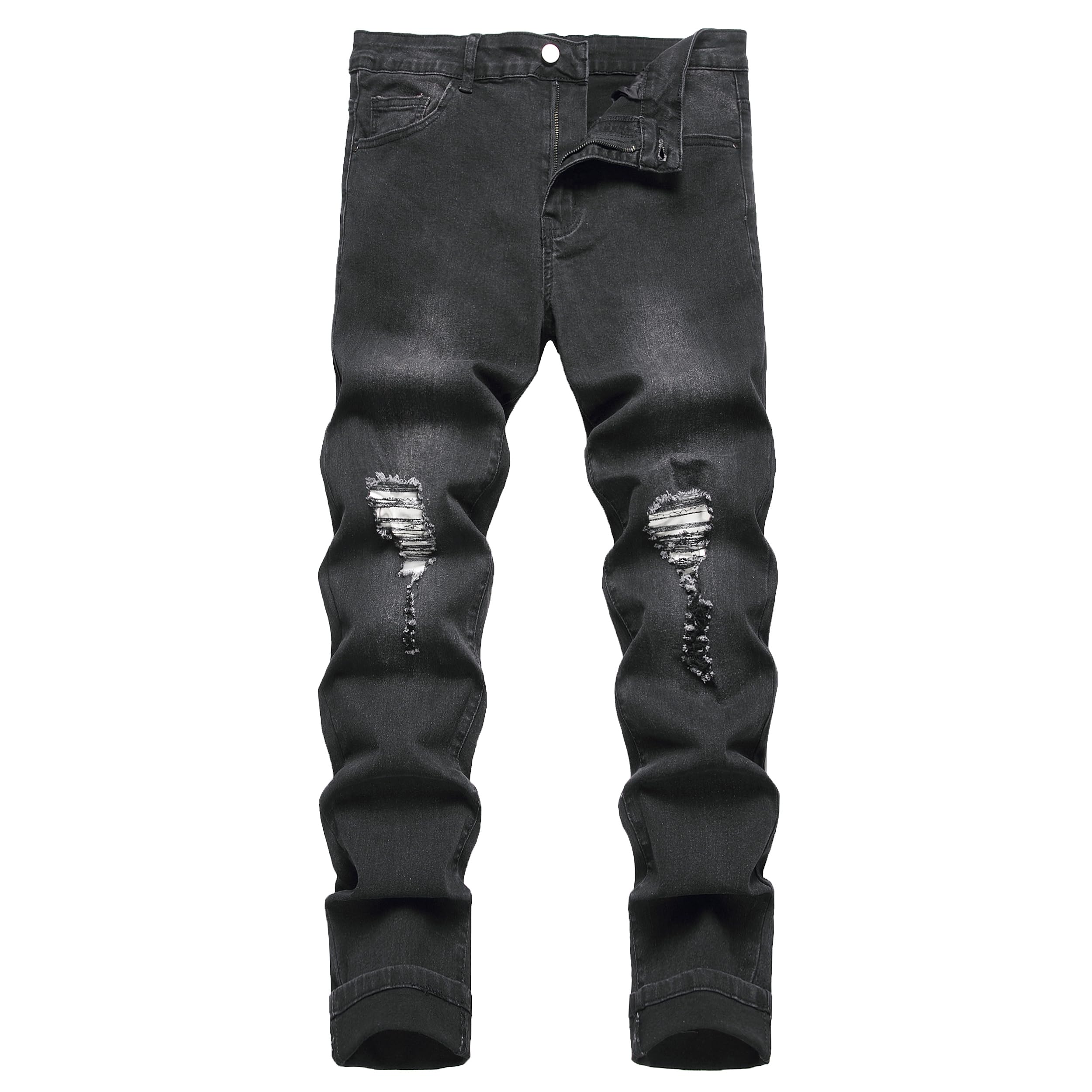 Men's Slim Fit Ripped Straight Leg Jeans - Black Distressed Denim Pants for Casual Wear & Street Style | Regular Length, Comfortable Fit for Daily Outfits, Dating and Weekend Looks