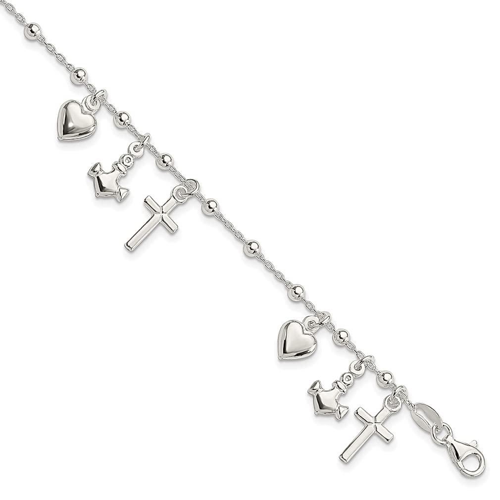 925 Sterling Silver 1 Inch Cross Heart Anchor Bracelet - Religious Jewelry for Women, Love Beaded Fine Jewelry Gift for Her - Perfect for Church, Weddings & Everyday Wear