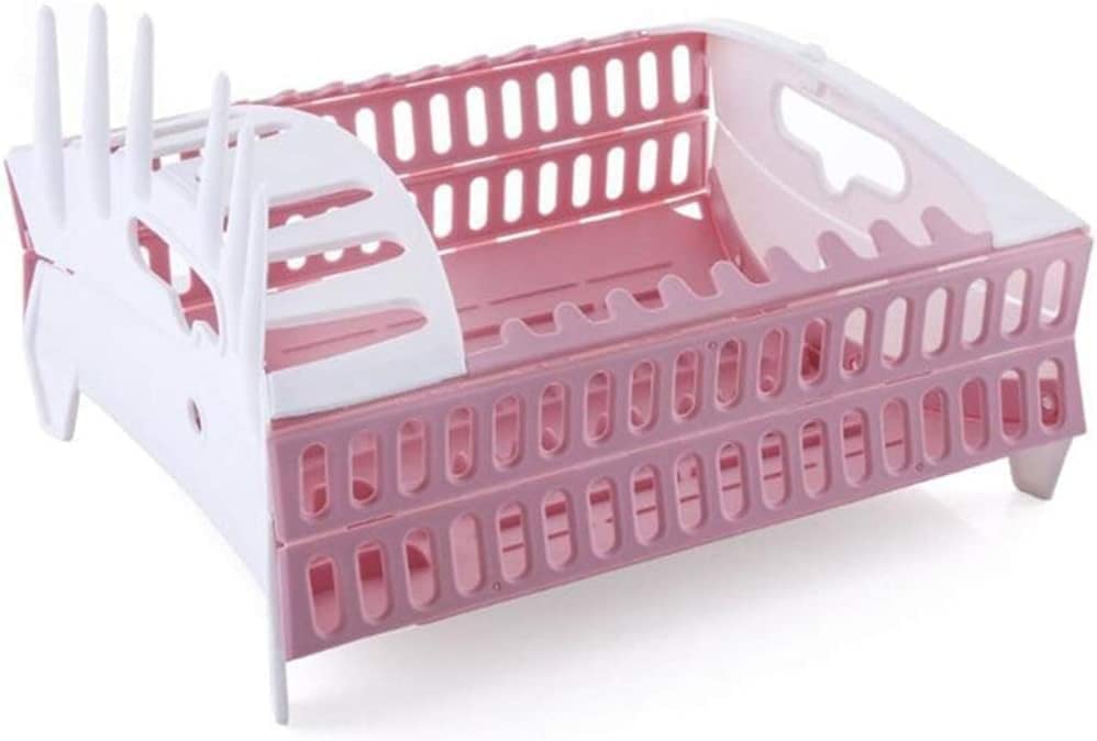 BUCROS Pink Kitchen Dish Drying Rack - Stainless Steel Sink Drainer Basket, Organizer Tray for Washing & Drying Dishes - Perfect for Small Kitchens, Countertop Space Saving