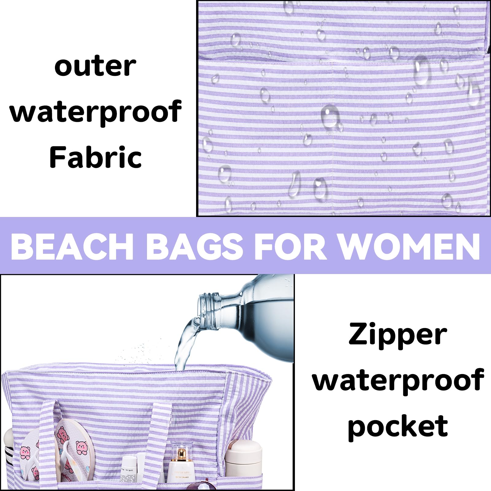 Waterproof Sandproof Beach Tote Bag for Women - Large Zippered Pool Bag with Wet Pocket, Perfect for Gym, Grocery Shopping, Travel & Outdoor Activities