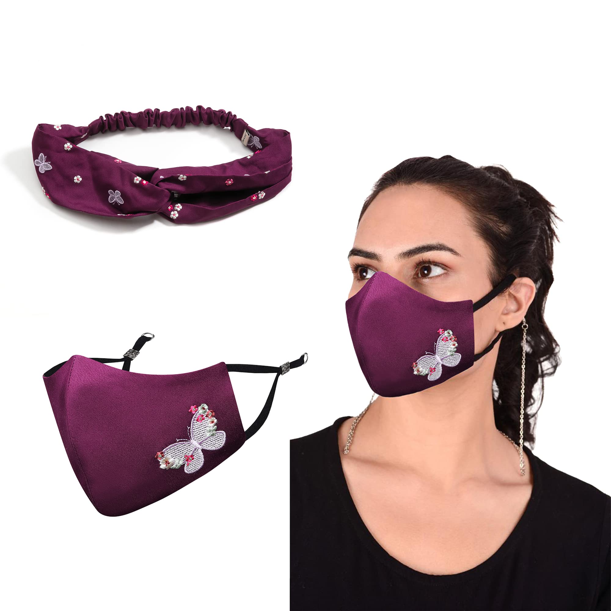 MASQ by Q-One Handmade Butterfly Embroidered Hair Band & 4-Layer Cotton Face Mask Set for Women - Adjustable Chain, Large Size (Wine Red, 2-Pack) | Fashion Accessory for Parties, Weddings & Everyday Wear