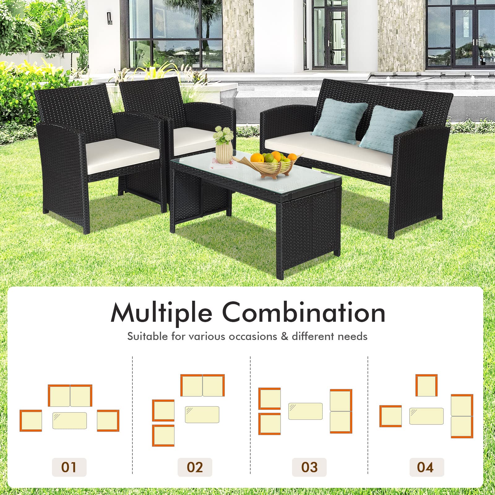 Goplus 4-Piece Rattan Patio Furniture Set - Outdoor Wicker Conversation Sofa with Weather-Resistant Cushions & Tempered Glass Tabletop - Perfect for Lawn, Backyard, Poolside & Garden (White/Black Wicker) - Ideal for Outdoor Relaxation, Entertaining Guests & Summer Lounging
