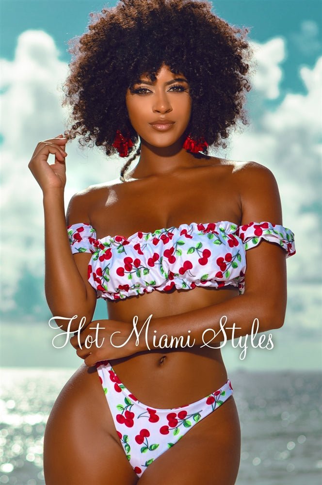 Sexy White & Red Cherry Print Off-Shoulder Bikini Top with Ruffle Trim - Perfect for Beach Vacations, Pool Parties & Summer Getaways