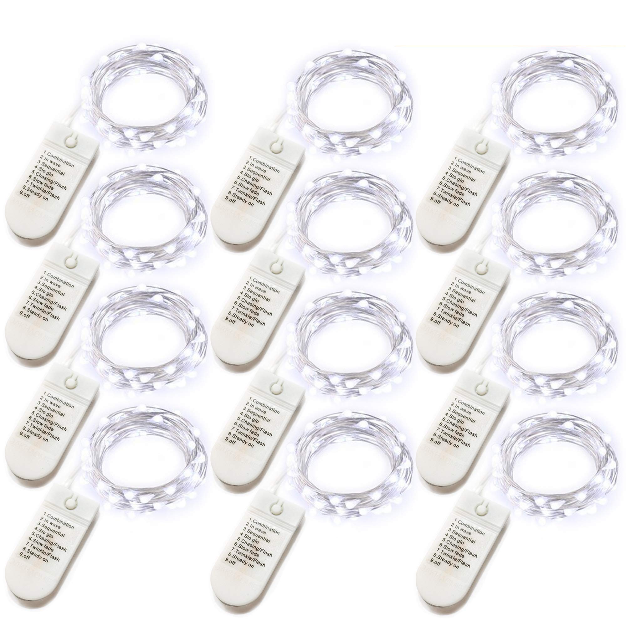 12-Pack Fairy String Lights with Timer - 8 Modes, 20 LED Lights on 6.5ft Silver Wire, Battery Powered (2xCR2032), Lasts 3-4 Days - Perfect for Wedding Decor, Christmas Party, Table Centerpiece, Bedroom & Garden Lighting