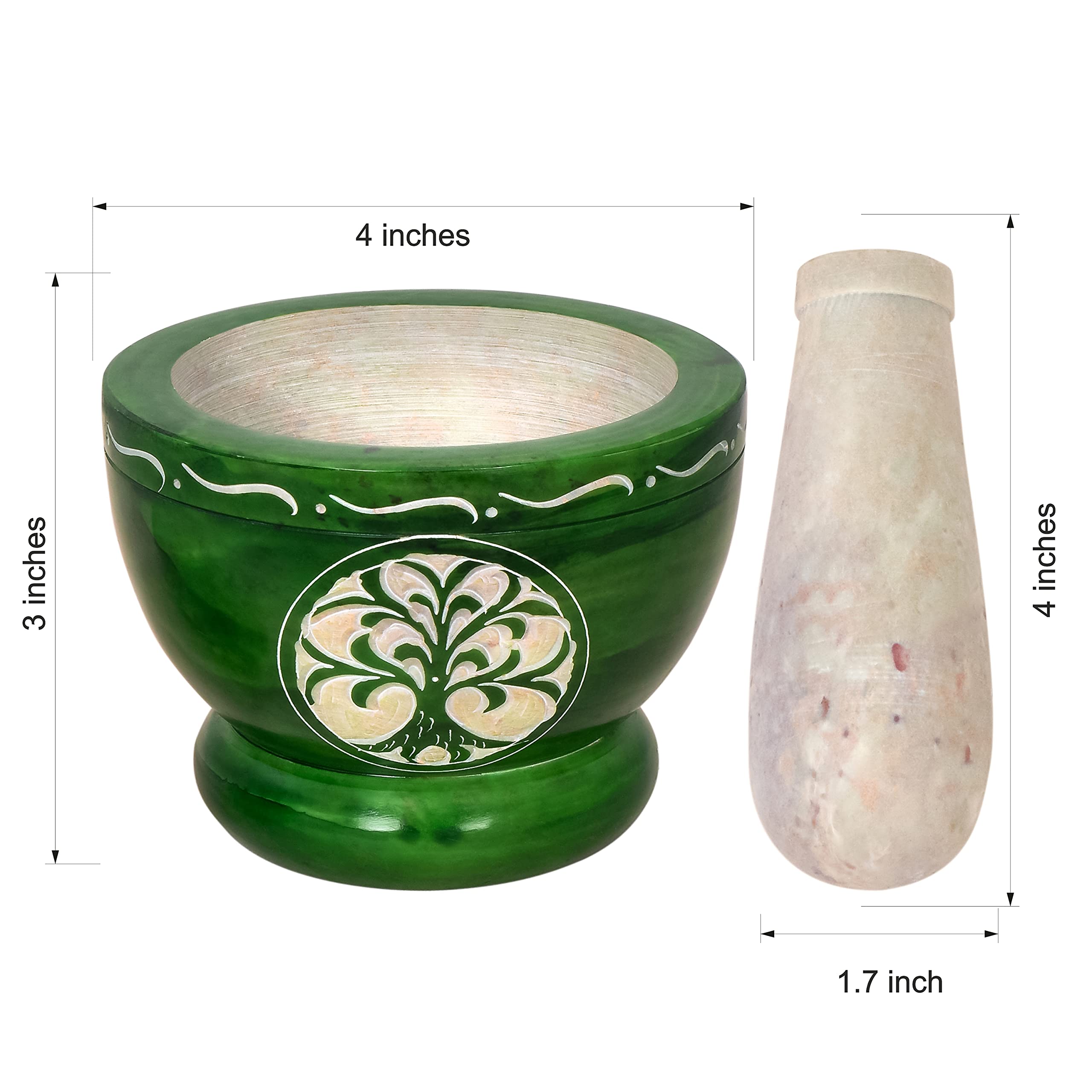 Premium Mortar and Pestle Set - Heavy Duty Polished Natural Stone Spice Grinder for Herbs, Seasonings, Pastes & More (Green Tree of Life Design) - Perfect for Kitchen, Cooking, Ayurveda & Herbal Medicine Preparation