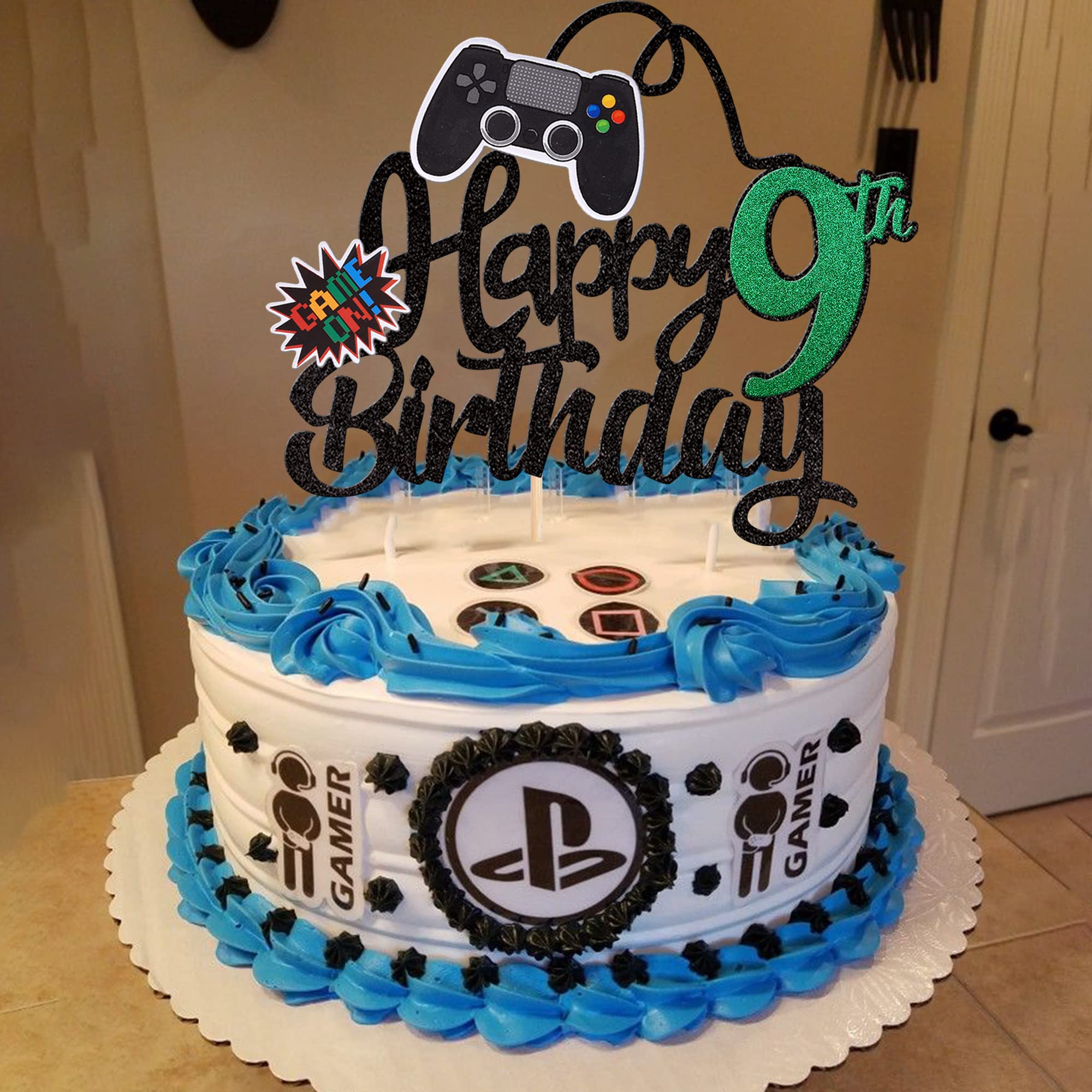 1 PCS Video Game Happy 9th Birthday Cake Topper - Glittery Game Controller Design with 'Game On' & 'Nine Cheers to 9 Years' Text - Perfect for 9th Birthday Party Decorations & Gaming Theme Cakes (Green)