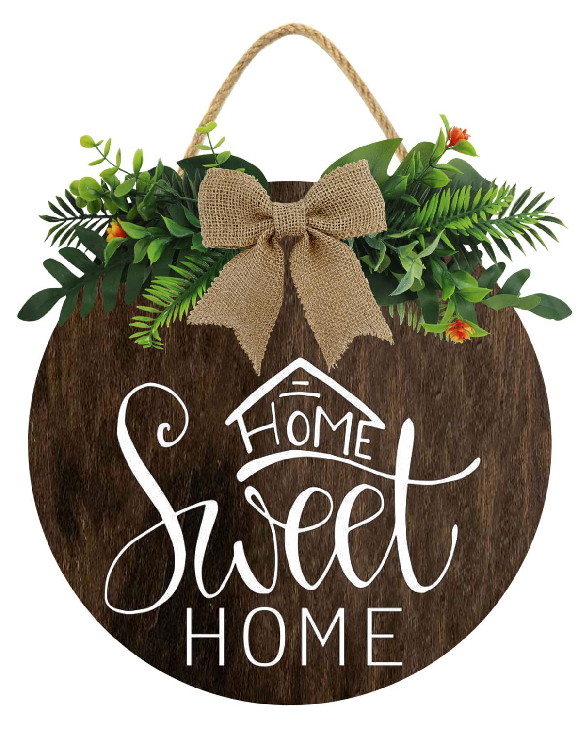 Farmhouse Style 'Home Sweet Home' Wooden Hanging Sign - 11x11 Rustic Round Door Wreath with Greenery Decor for Porch, Indoor & Outdoor - Perfect Housewarming Gift for Front Door Decorations
