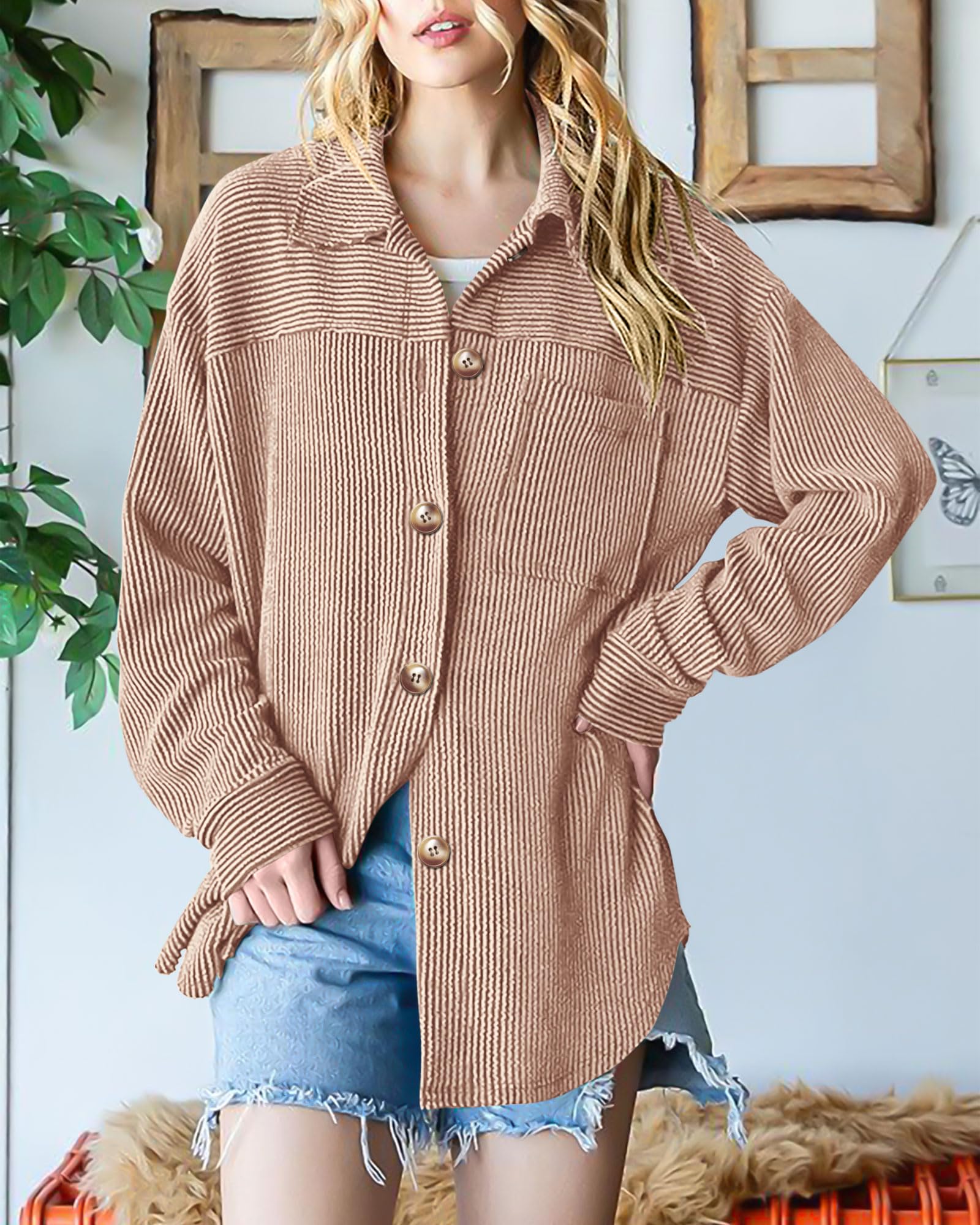 PRETTYGARDEN Women's Button Down Shacket - Long Sleeve Ribbed Knit Top with Pocket - Spring Loose Fit Work Blouse for Office, Casual Outfits & Layering