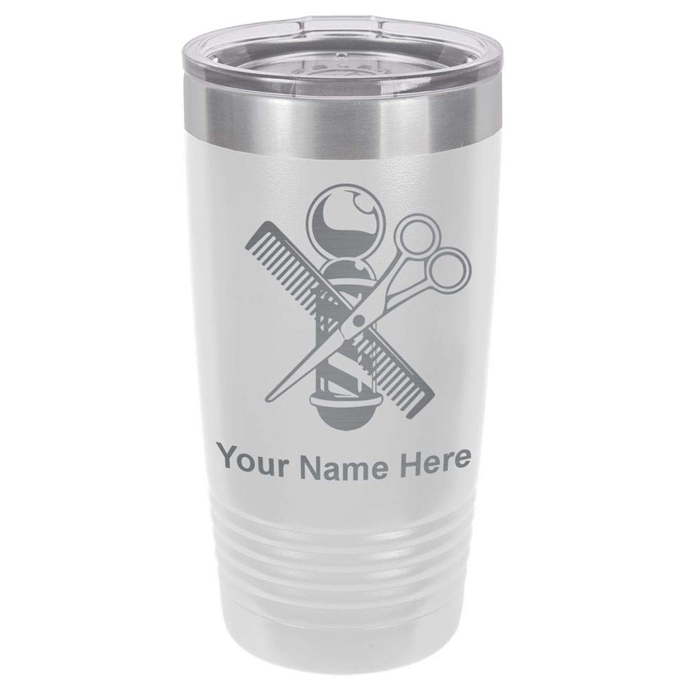 LaserGram 20oz Vacuum Insulated Stainless Steel Tumbler Mug - Barber Shop Pole Design, Personalized Engraving, Leak Proof Lid - Perfect for Coffee, Tea & Cold Drinks at Work, Gym or Travel (White)