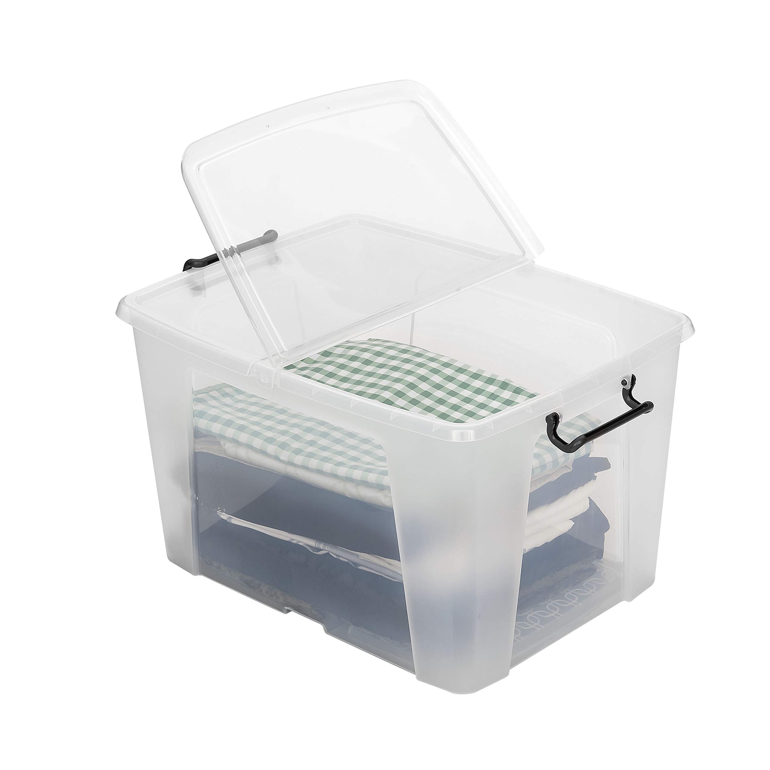 Strata Smart Box with Clip-On Folding Lid & Carry Handles - 40L Clear Storage Container for Home Organization, Camping, and Office Supplies