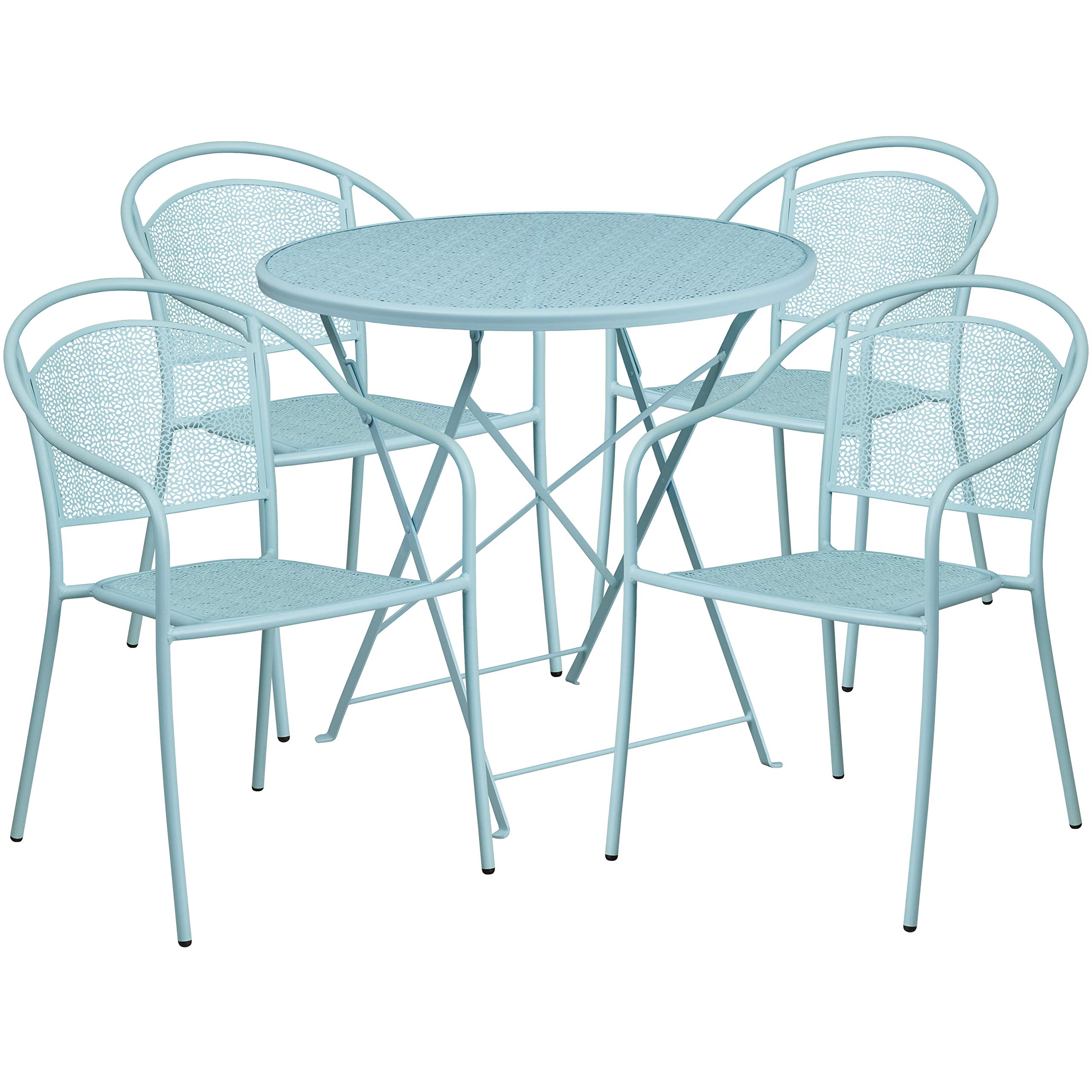 Commercial Grade 30 Inch Round Sky Blue Folding Patio Dining Table Set with 4 Matching Chairs - Outdoor Furniture for Garden, Poolside, and Backyard Entertaining